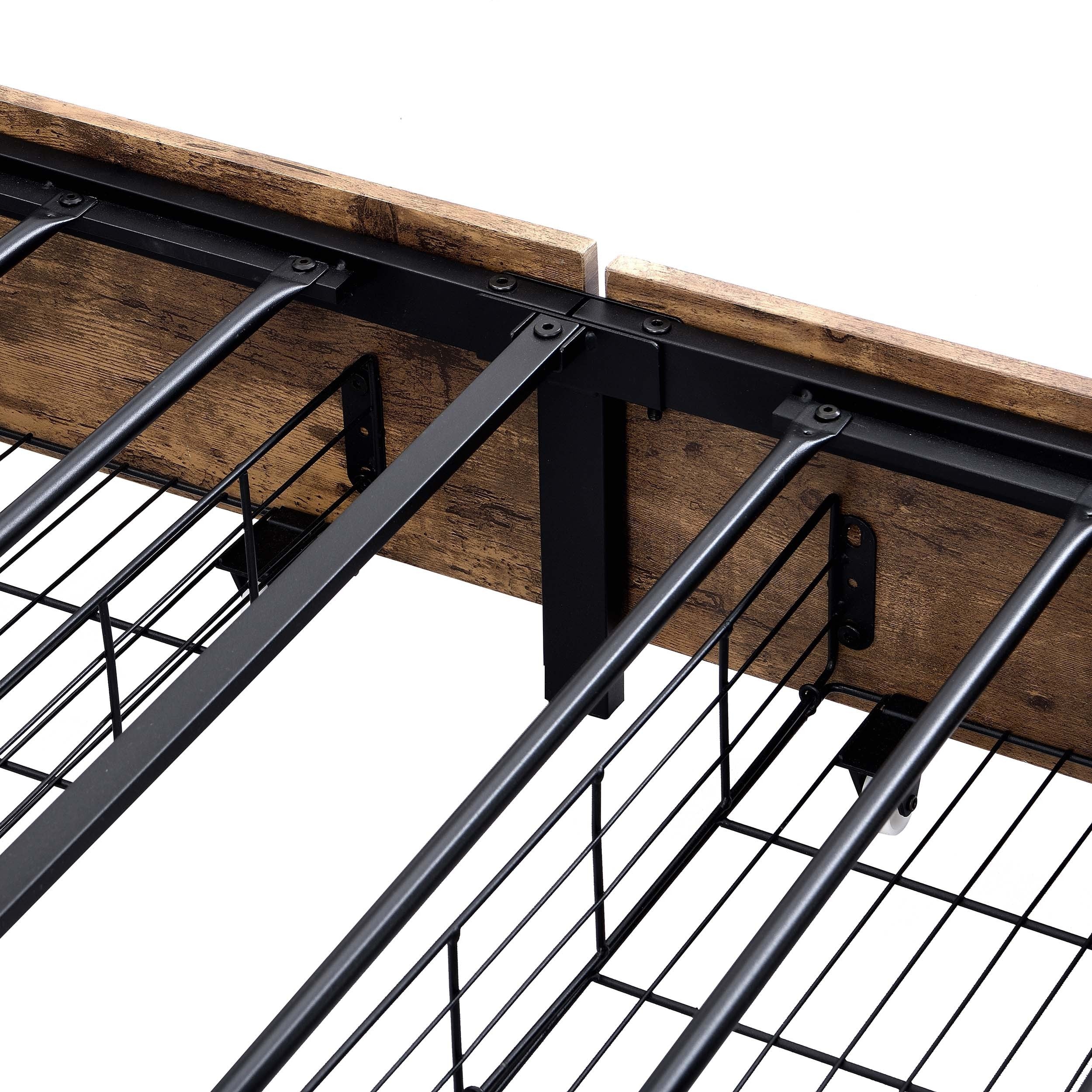 Industrial Wood and Metal Bed Platform with 4 Storage Drawers and Headboard, No Box Spring Needed, Queen Size, Brown