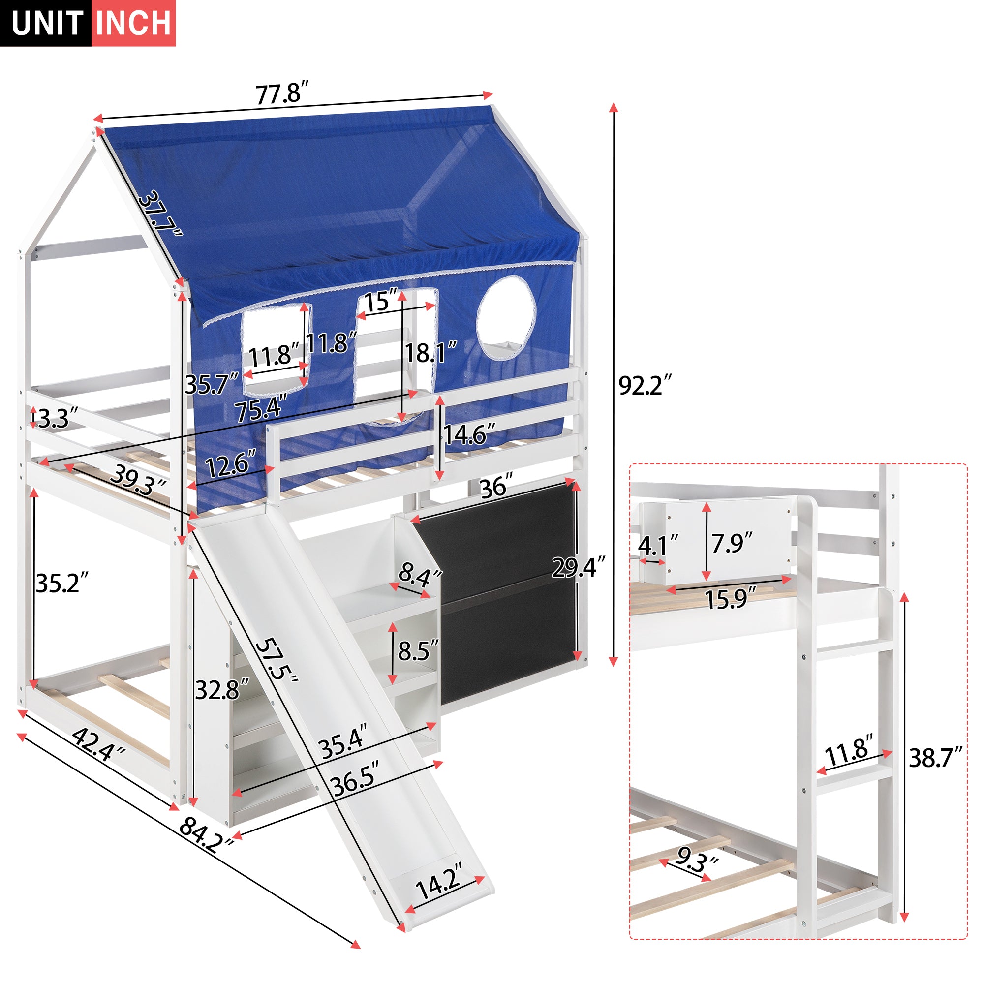 Twin over Twin House Bunk Bed with Blue Tent, Slide, Shelves and Blackboard, White