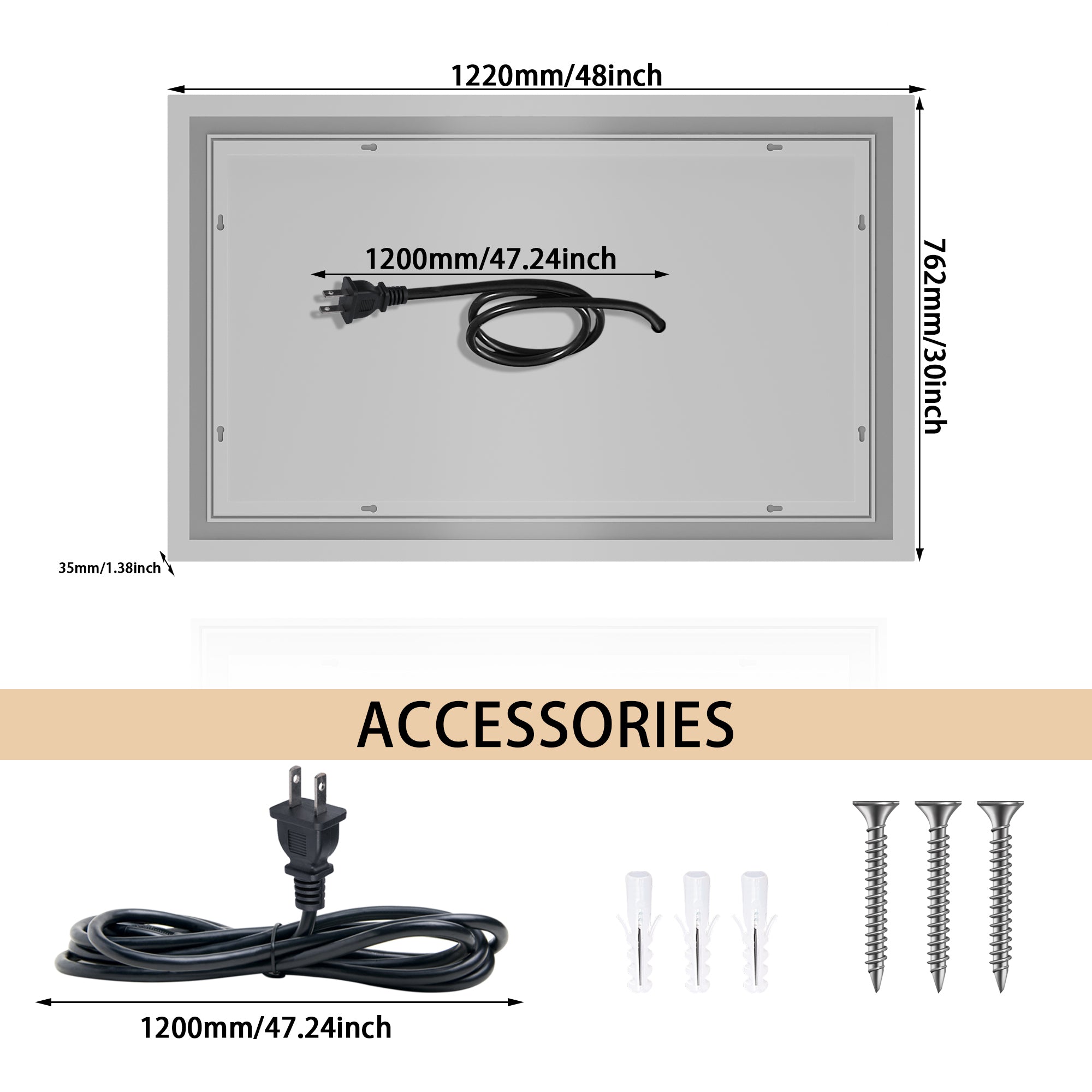 48×30 inch LED-Lit bathroom tempered mirror, wall mounted anti-fog memory Adjustable Brightness front light Rectangular Vanity mirror