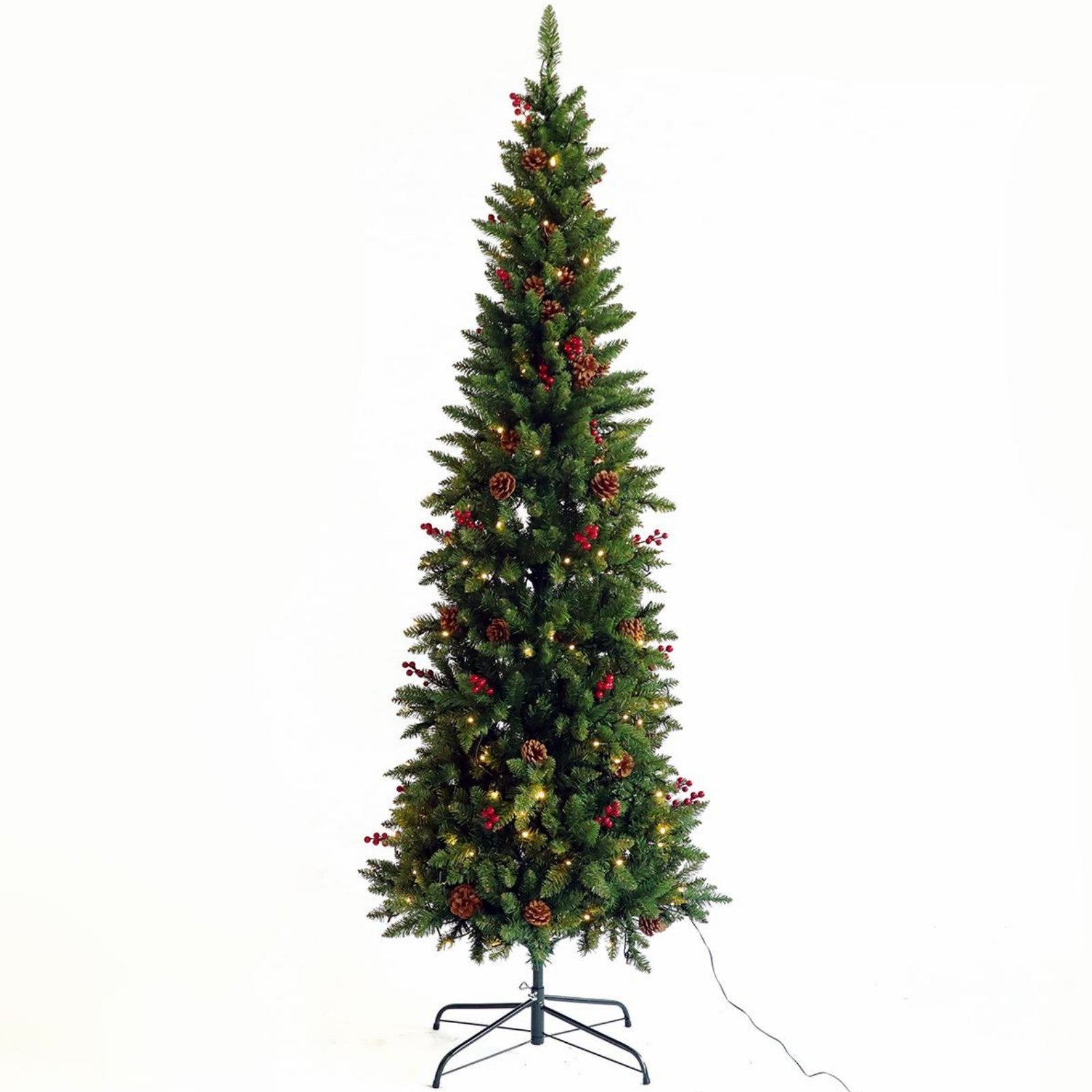 Artificial Slim Christmas Tree Pre-lit Pencil Feel Real Skinny Fir Tree with Cones and Berries 7.5ft foldable metal stand