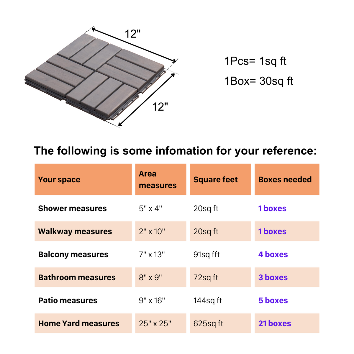 30 PCS Interlocking Deck Tiles Checker Pattern, 12" x 12" Square Light Gray Acacia Hardwood Outdoor Flooring for Patio, Bancony, Pool Side,...