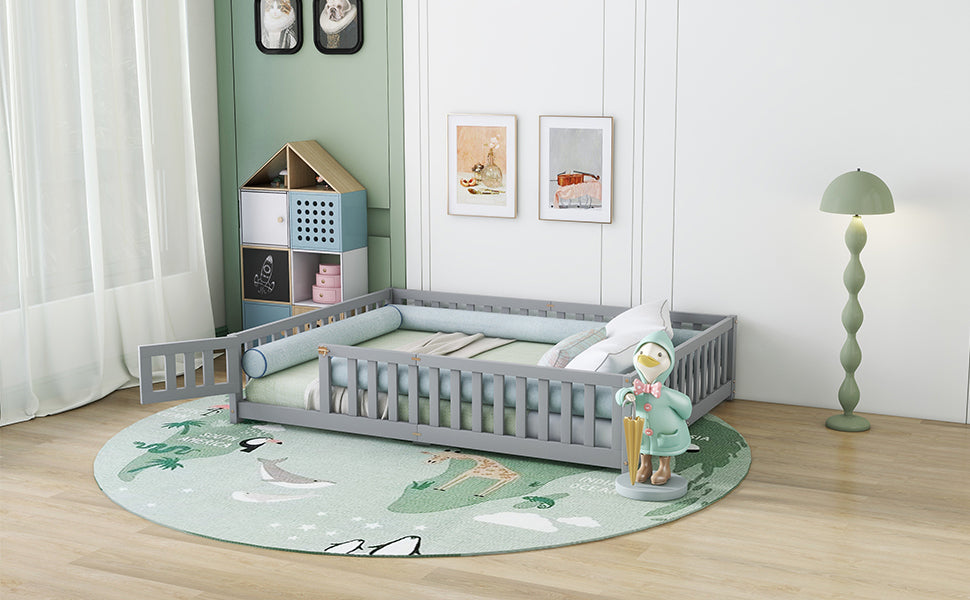 Queen Size Bed Floor Bed with Safety Guardrails and Door for Kids, Gray (Expect Arrival Date Nov.2nd)