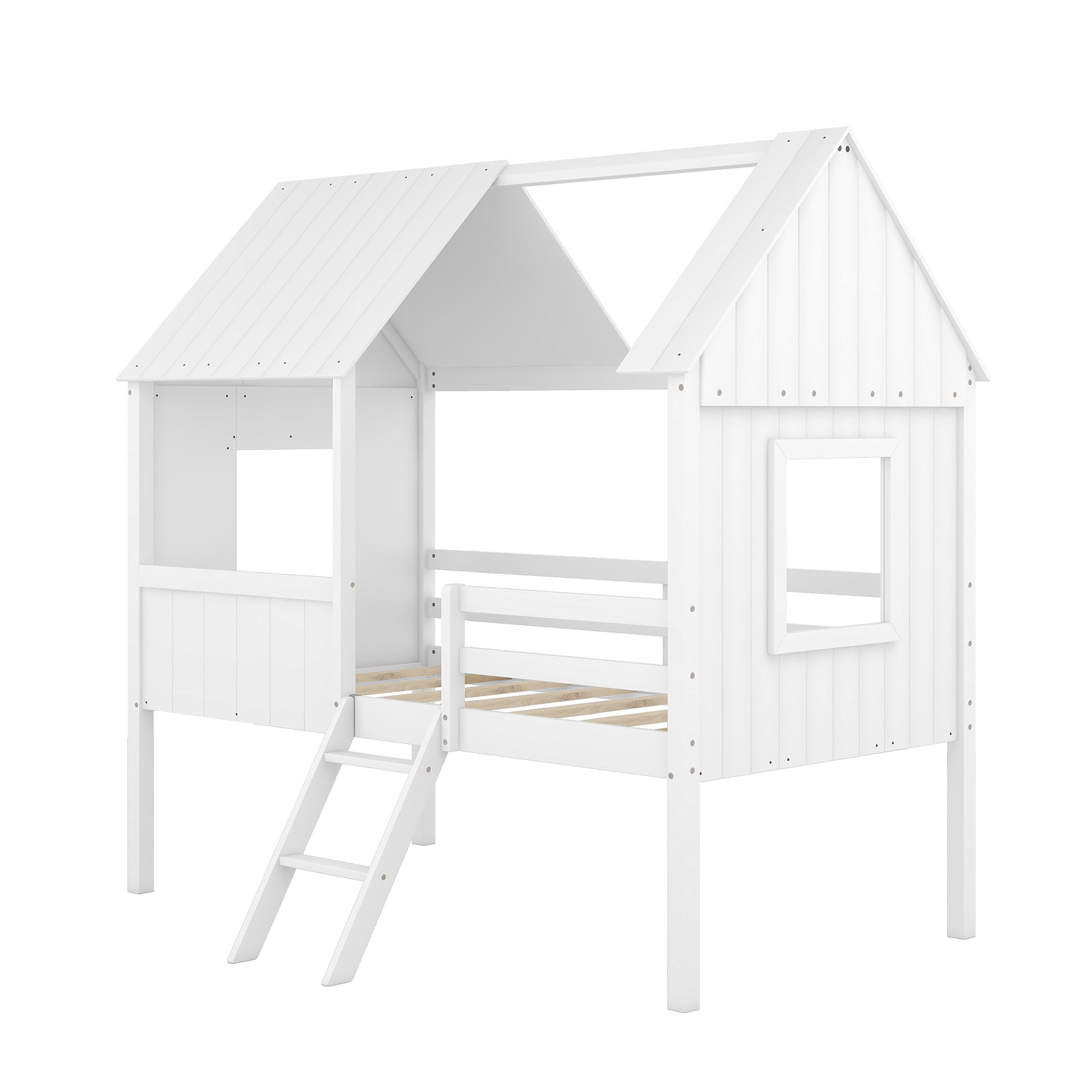 Twin Size Low Loft Wood House Bed with Two Side Windows (White)(OLD SKU: LP000037AAK)