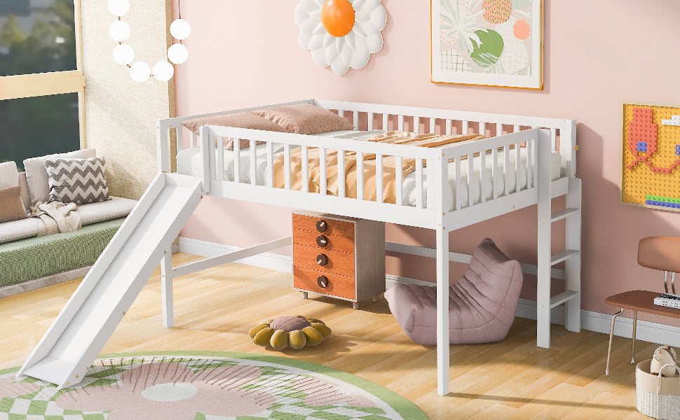 Full Size Low Loft Bed with Ladder and Slide,White