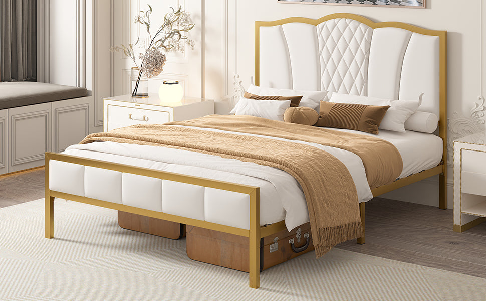 Full Size Bed Frame, Modern Upholstered Bed Frame with Tufted Headboard, Golden Metal Platform Bed Frame with Wood Slat Support, Noise Free, No Box Spring Needed,Beige