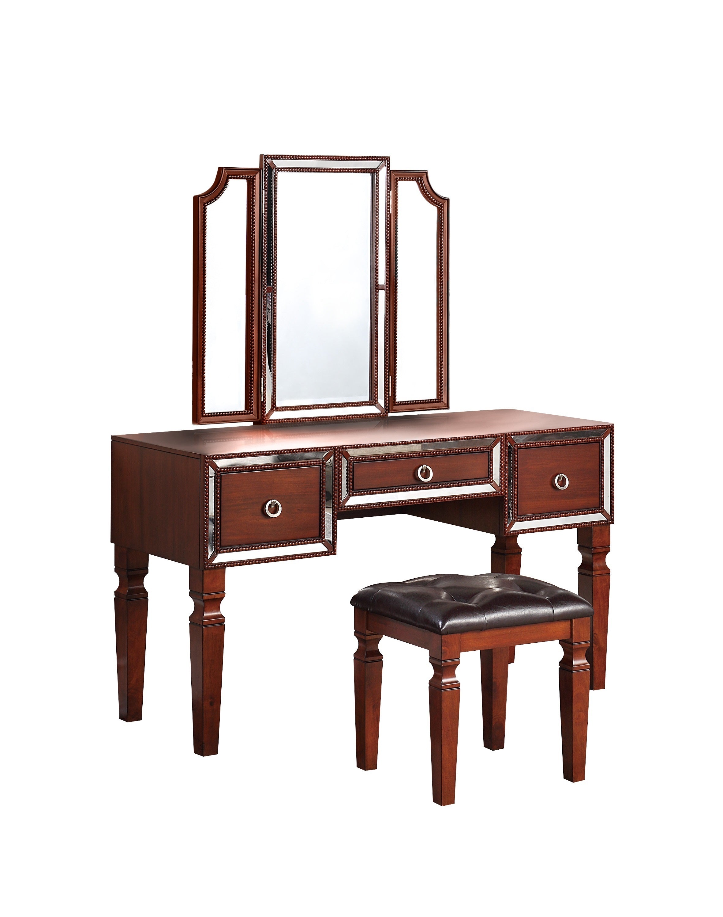 Luxurious Majestic Classic Cherry Color Vanity Set w Stool 3- Storage Drawers 1pc Bedroom Furniture Set Tri-Fold Mirror