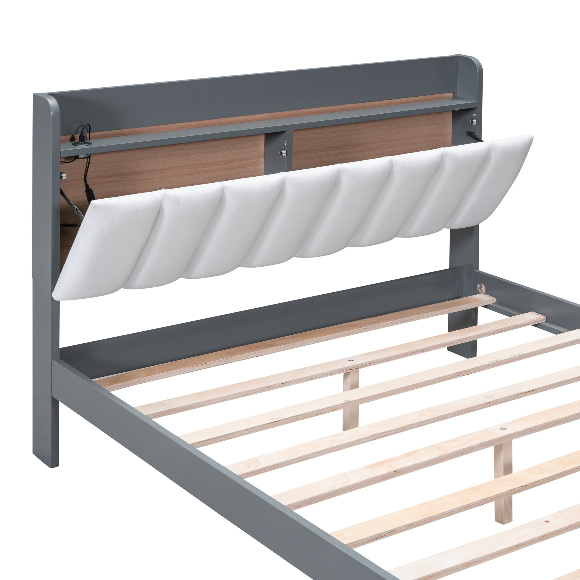 Full size Platform Bed with USB Charging Station and Storage Upholstered Headboard,LED Bed Frame,No Box Spring Needed,Gray+White