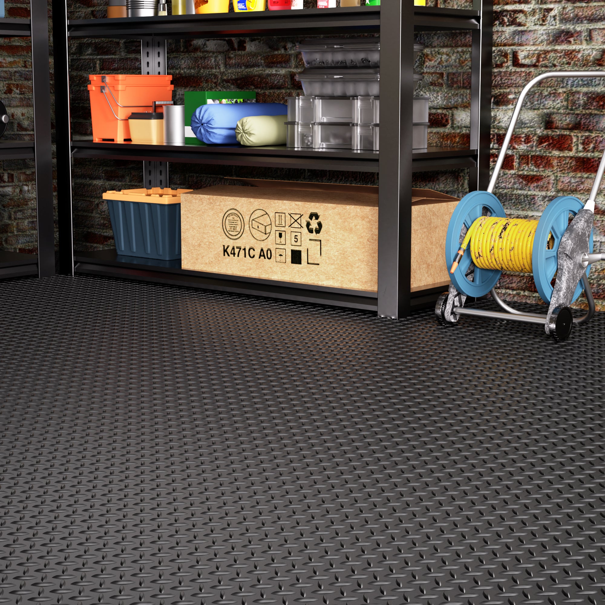 Diamond Plate 7.9 ft. x 16 ft. Black PVC Garage Flooring Rolls