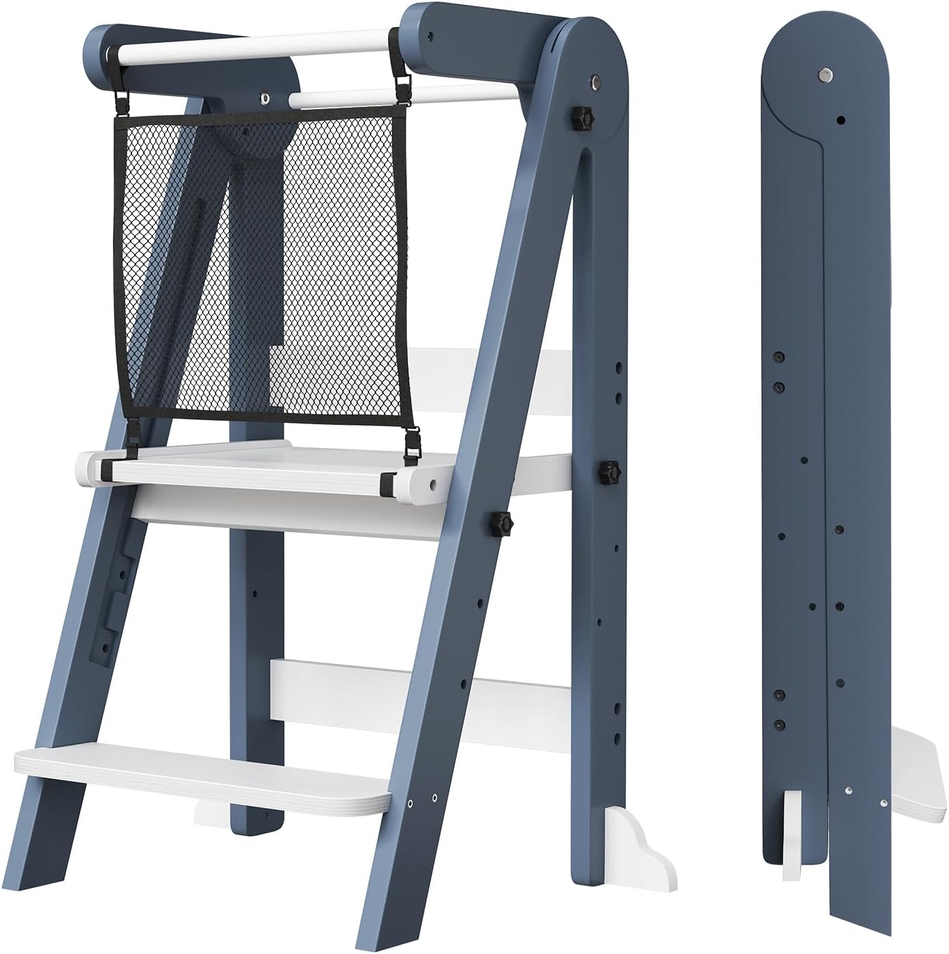 Foldable Toddler Kitchen Tower, 3 Adjustable Height Wooden Step Stool, Toddler Standing Tower with Safety Net