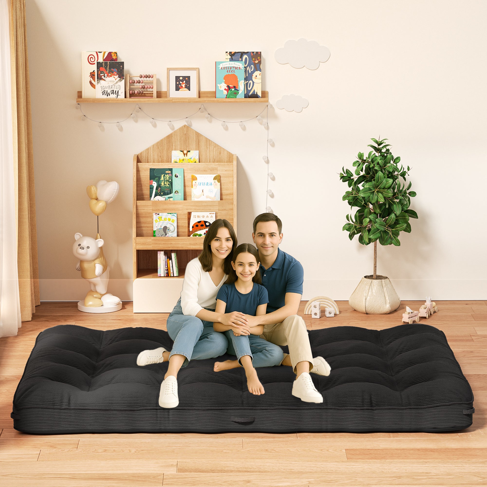 Black Full Size Floor Mattress Futon Mattress Sleeping Pad Foldable Roll Up Mat, Sofa Couch Bed