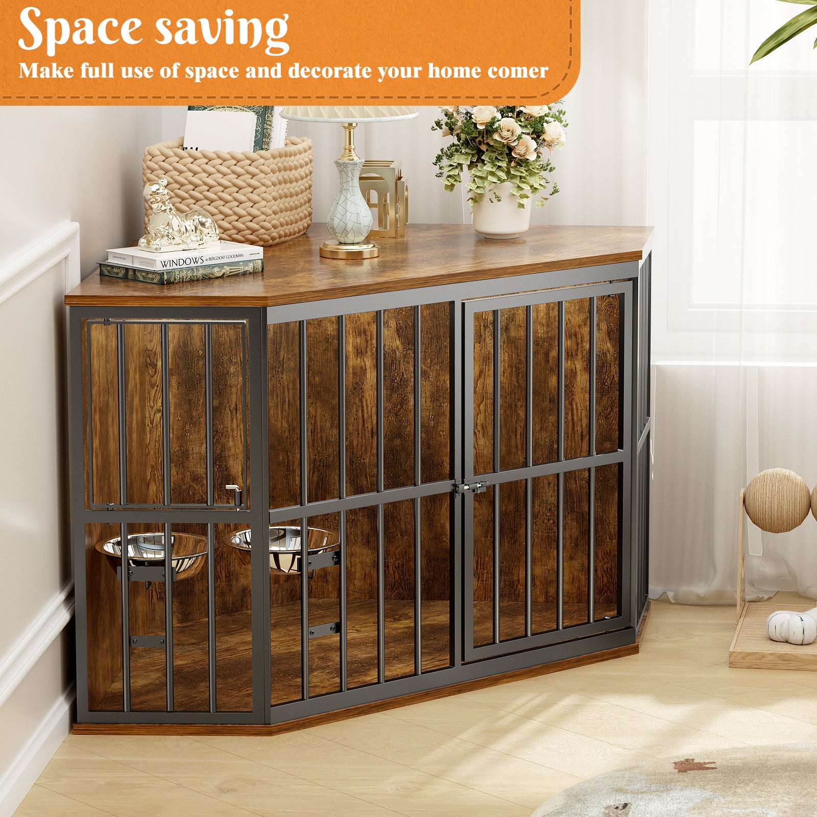 Furniture Dog Crate Corner, Dog Kennel Corner Wooden End Table with Bowl