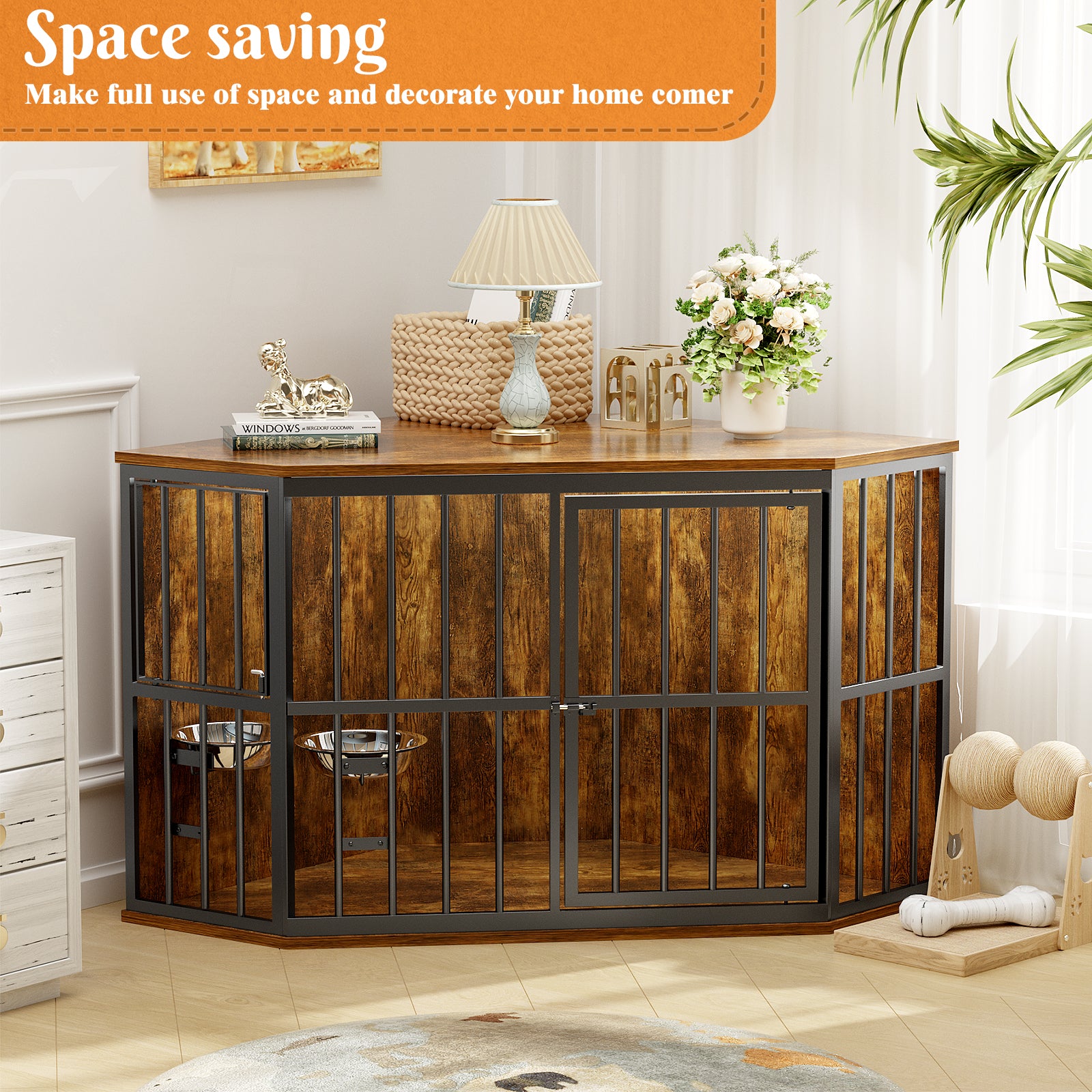 Furniture Dog Crate Corner, Dog Kennel Corner Wooden End Table with Bowl