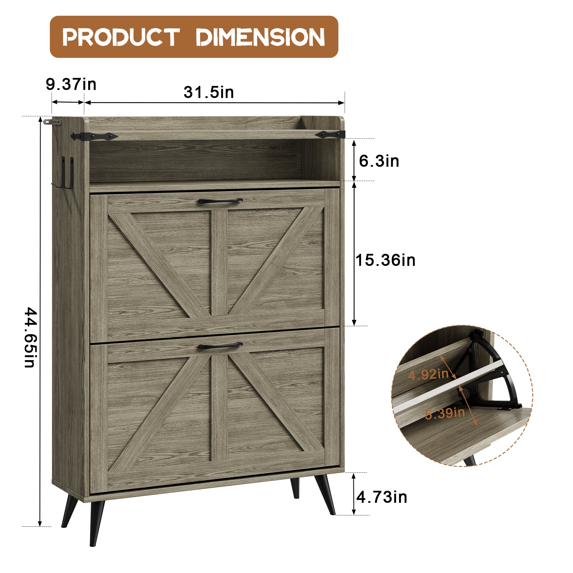 Farmhouse Shoe Rack, Freestanding Shoe Cabinet with 2 Flip Drawers for Entryway