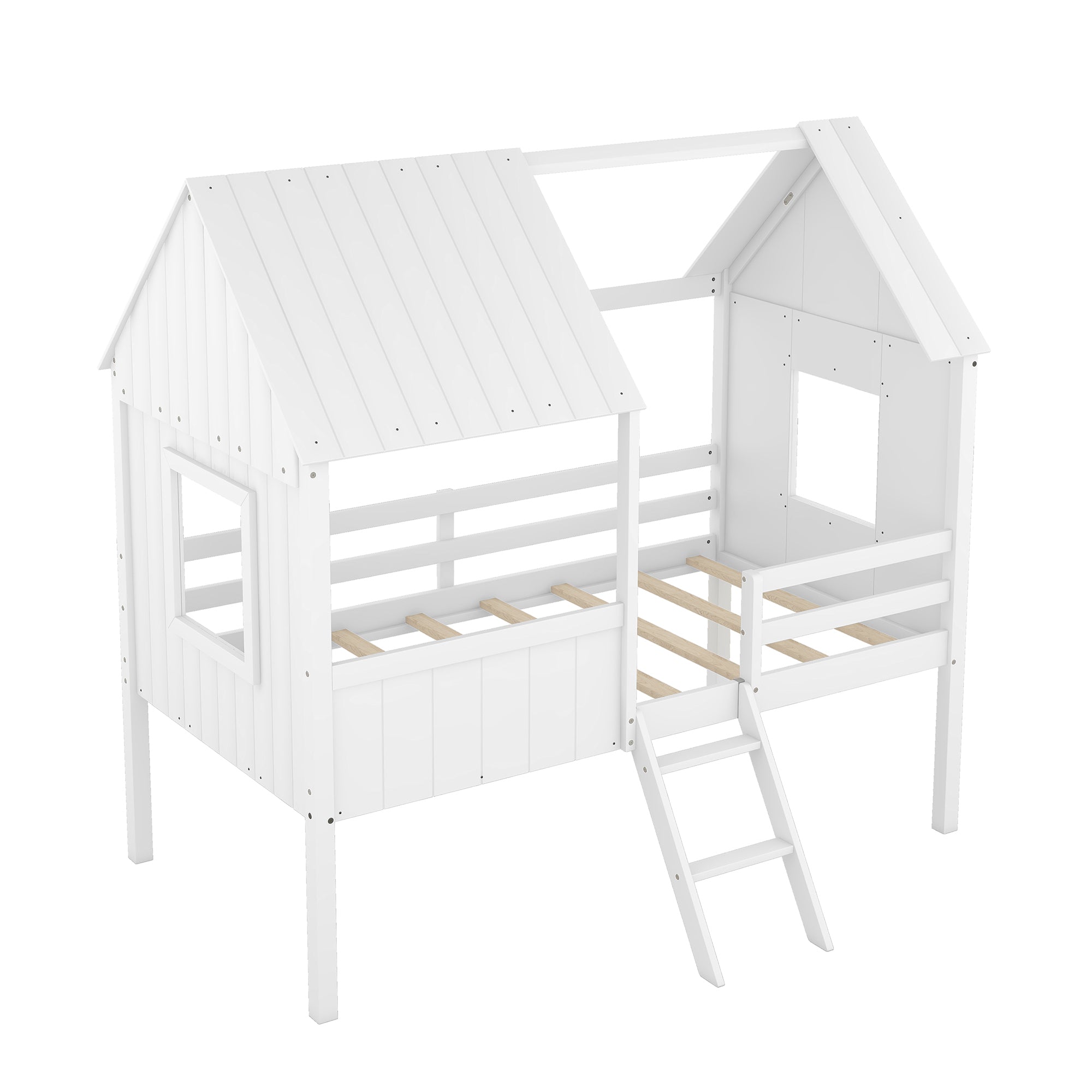 Twin Size Low Loft Wood House Bed with Two Side Windows (White)(OLD SKU: LP000037AAK)