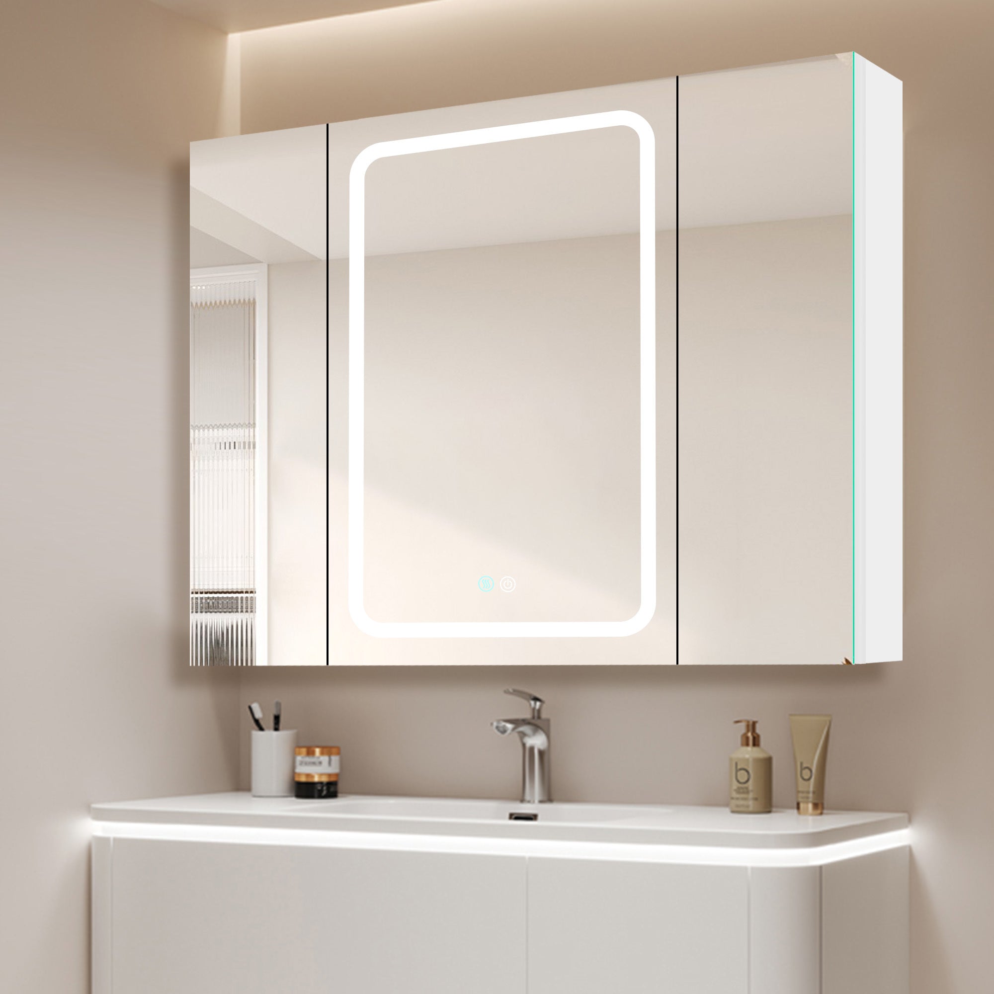 40x30 Inch LED Bathroom Medicine Cabinet Surface Mount Double Door Lighted Medicine Cabinet, Medicine Cabinets for Bathroom with Mirror Defogging, Dimmer White