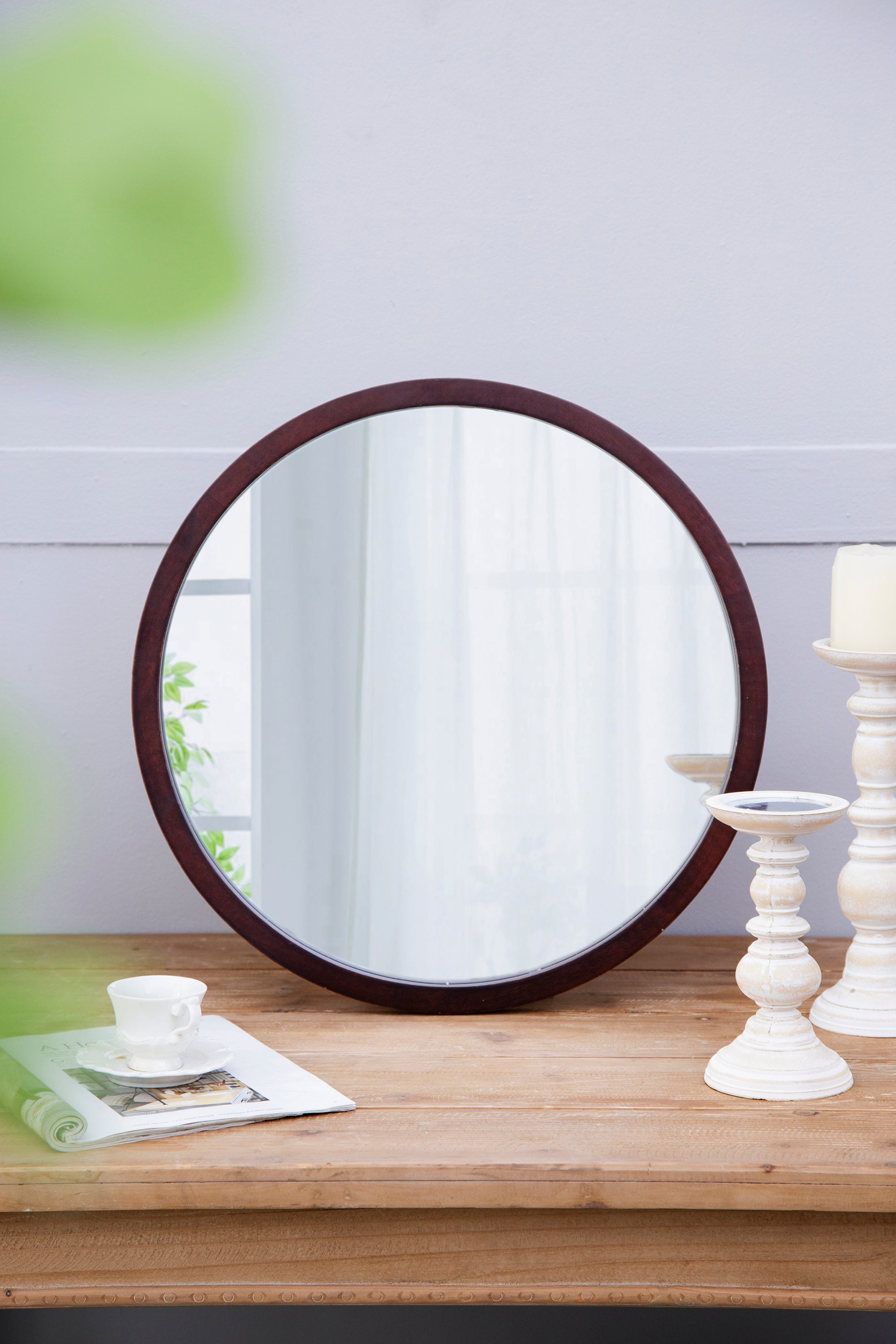 20" x 20" Circle Wall Mirror with Wooden Frame and Walnut Finish,Wall Mirror for Living Room Dining Room