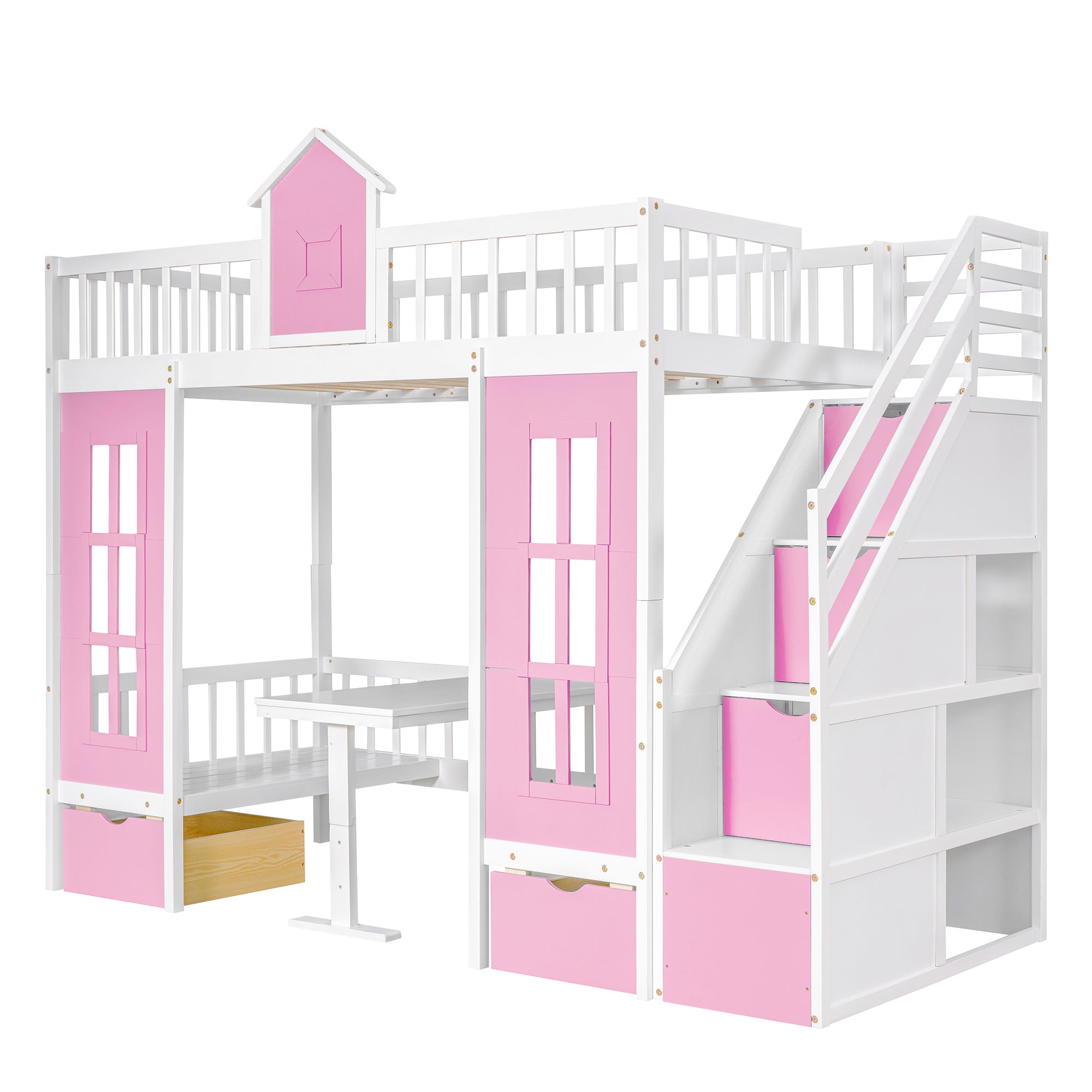 Twin-Over-Twin Bunk Bed with Changeable Table , Bunk Bed Turn into Upper Bed and Down Desk with 2 Drawers - Pink