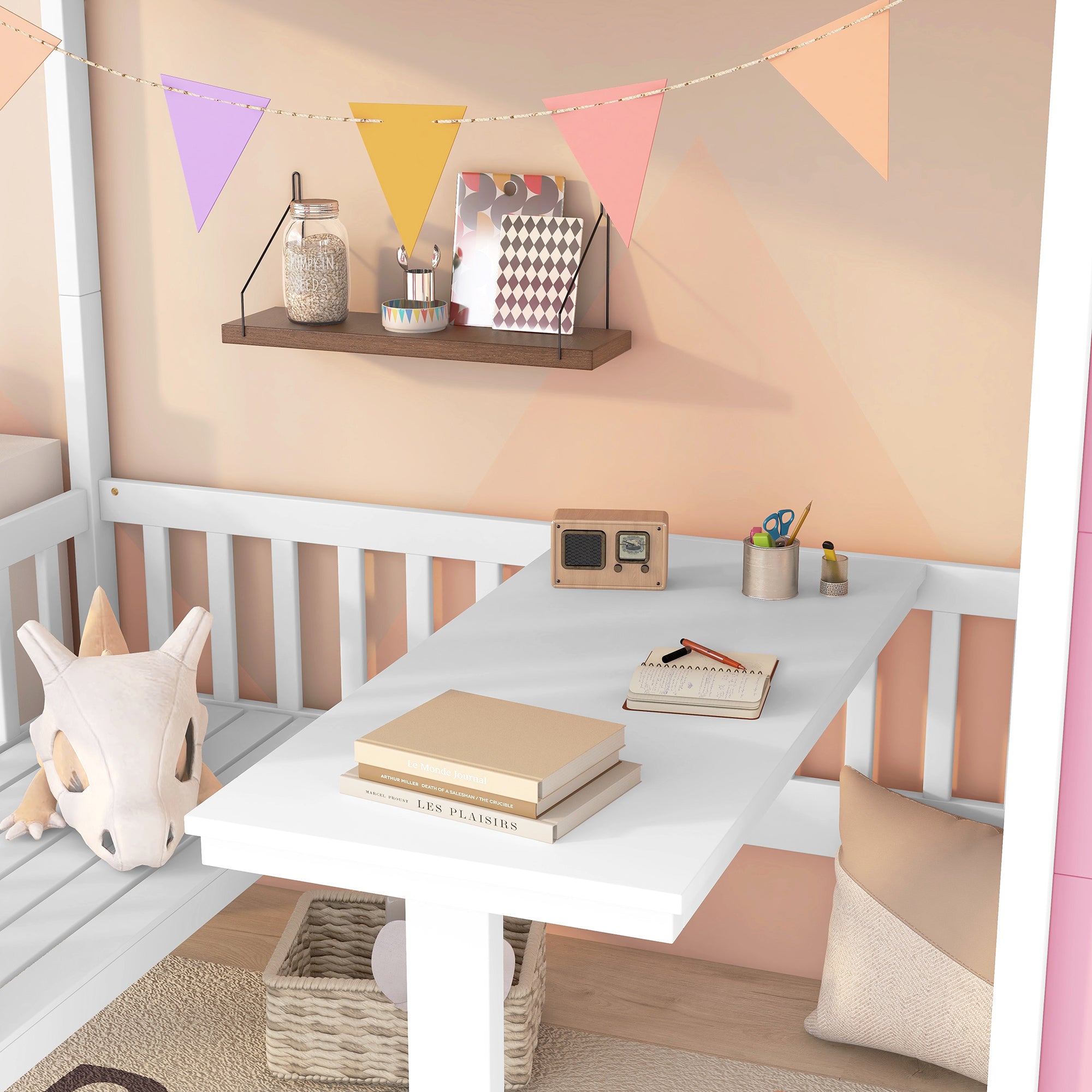 Twin-Over-Twin Bunk Bed with Changeable Table , Bunk Bed Turn into Upper Bed and Down Desk with 2 Drawers - Pink