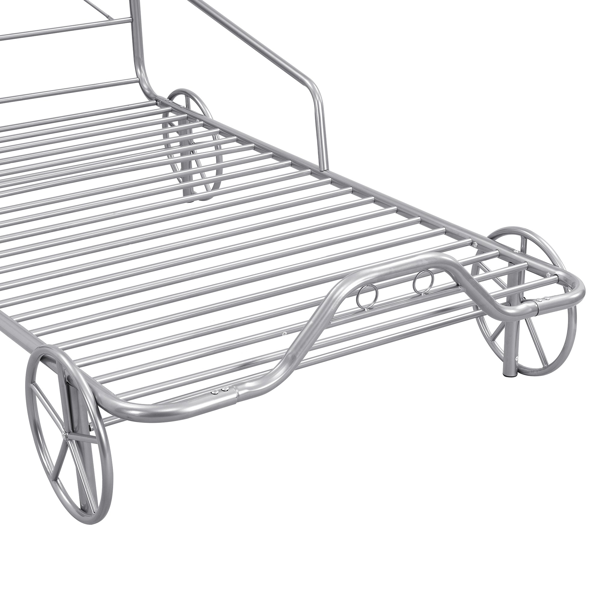 Twin Size Metal Car Bed with Four Wheels, Guardrails and X-Shaped Frame Shelf, Silver(Old SKU: MF297599AAN)