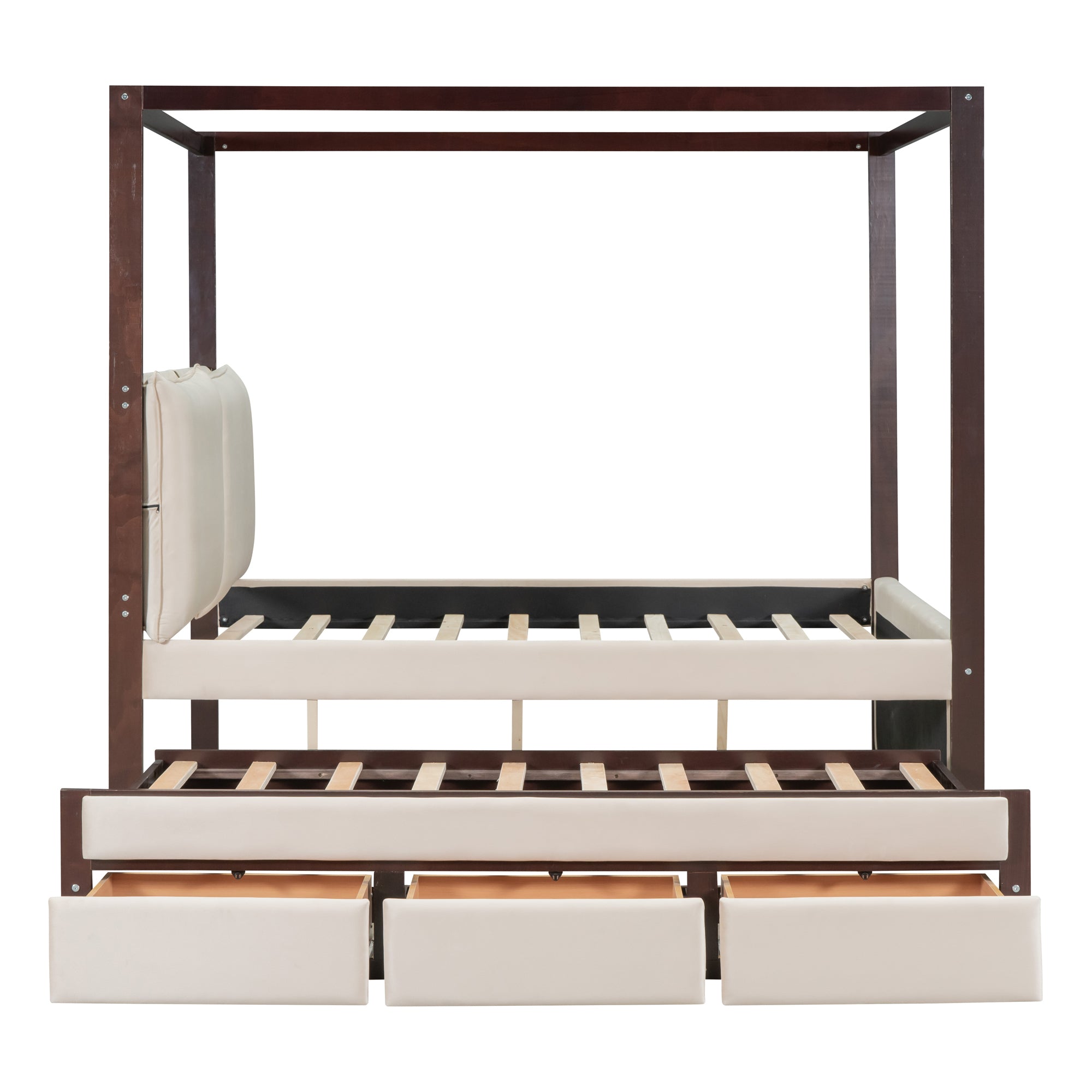 Full Size Upholstered Canopy Bed with Trundle and 3 Drawers, Beige