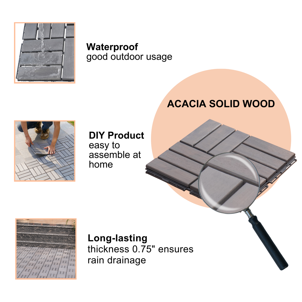 30 PCS Interlocking Deck Tiles Checker Pattern, 12" x 12" Square Light Gray Acacia Hardwood Outdoor Flooring for Patio, Bancony, Pool Side,...