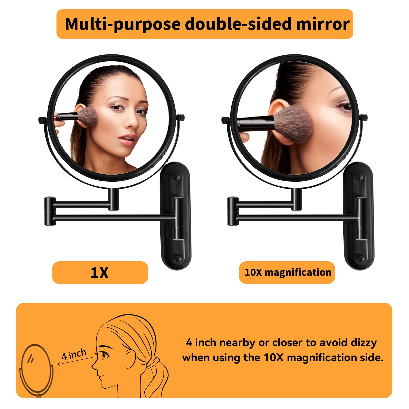8 Inch Wall Mounted Makeup Vanity Mirror, Double Sided 1x/10x Magnifying Mirror, 360° Swivel with Extension Arm Bathroom Mirror (Black)