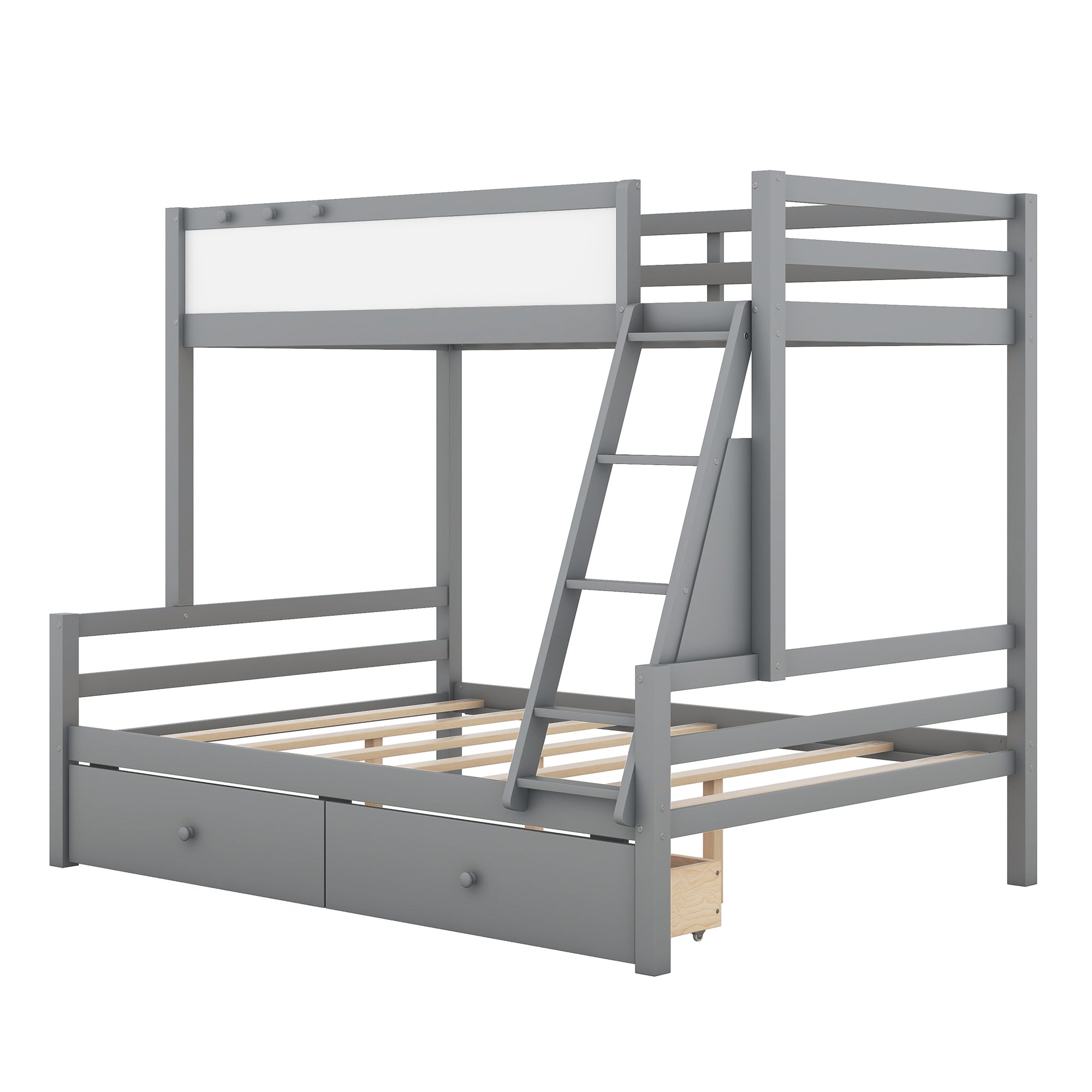 Wood Twin over Full Bunk Bed with Whiteboard, 3 Hooks and 2 Drawers, Grey