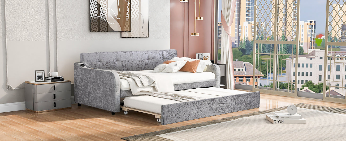 Twin Size Snowflake Velvet Daybed with Trundle and USB Charging Design,Gray