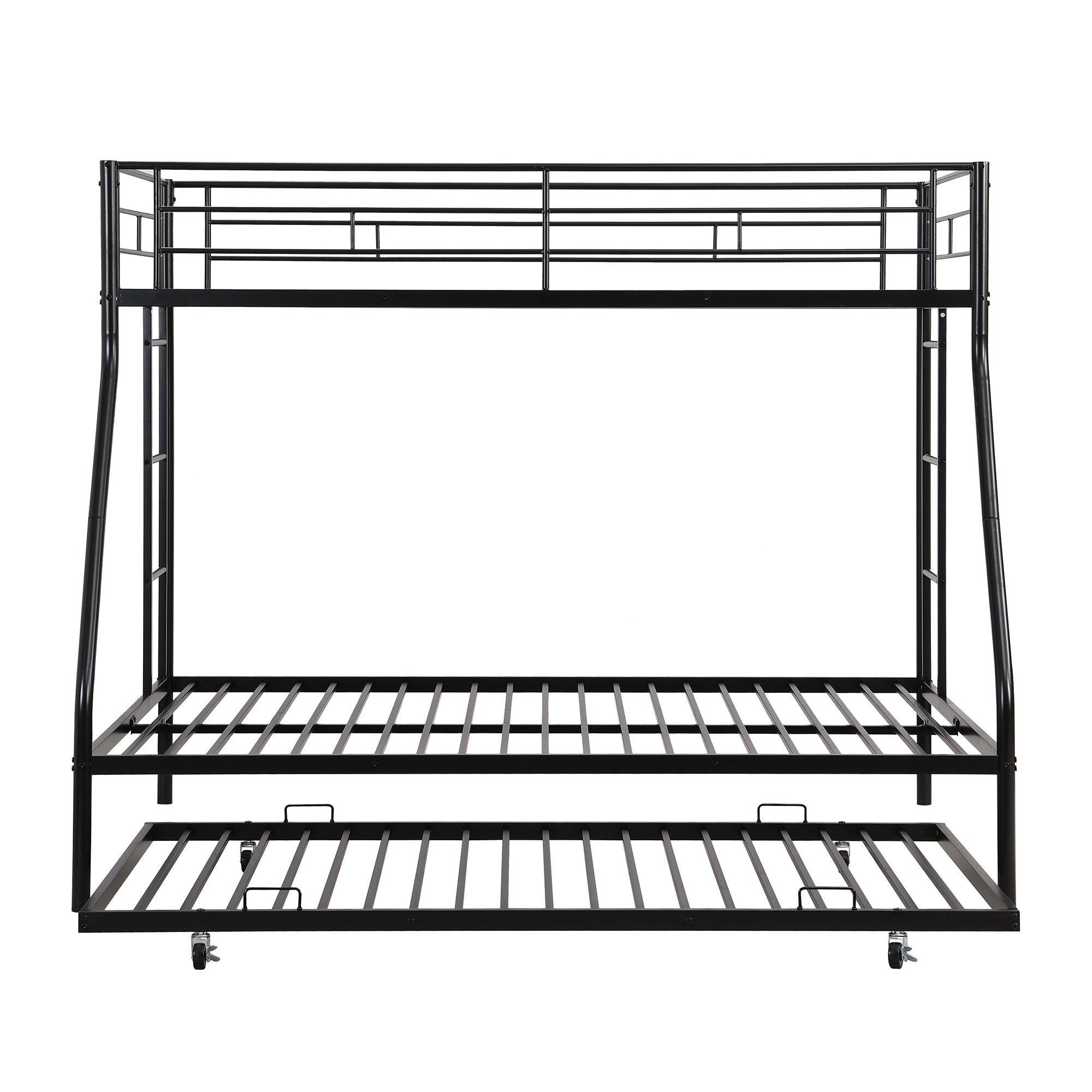 Twin over Full Bed with Sturdy Steel Frame, Bunk Bed with Twin Size Trundle, Two-Side Ladders, Black