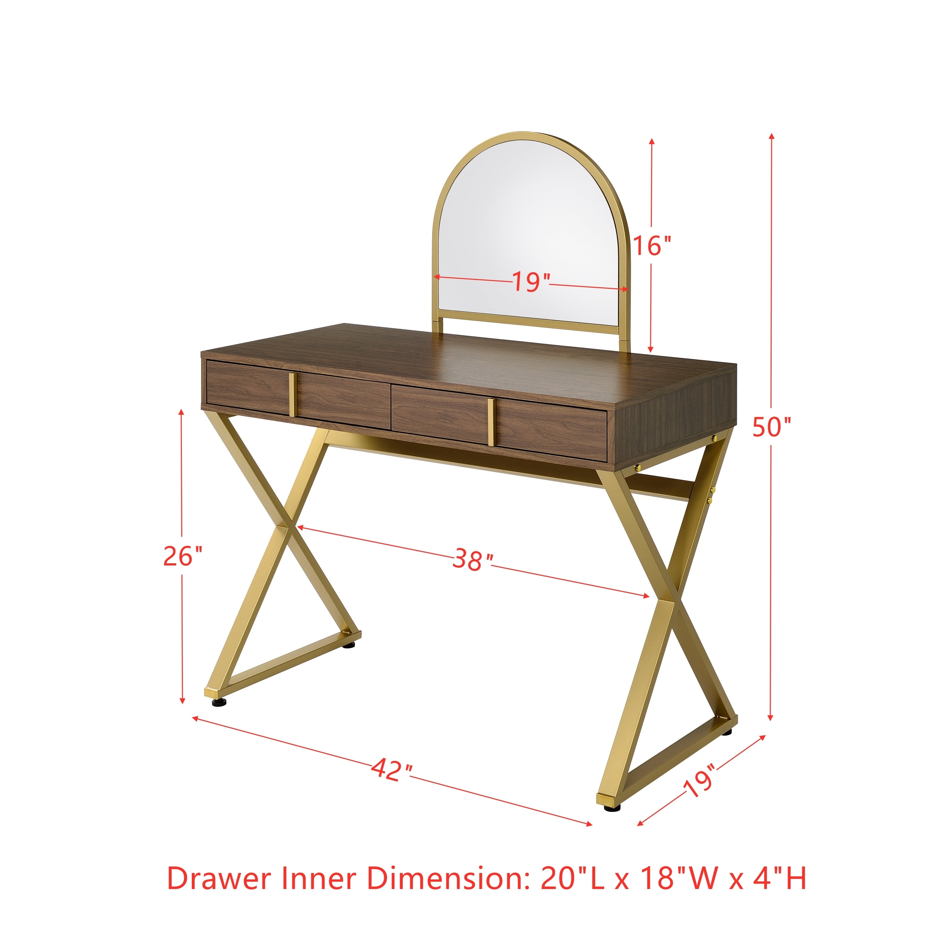 Coleen Vanity Desk w/Mirror & Jewelry Tray in Walnut & Gold Finish AC00665