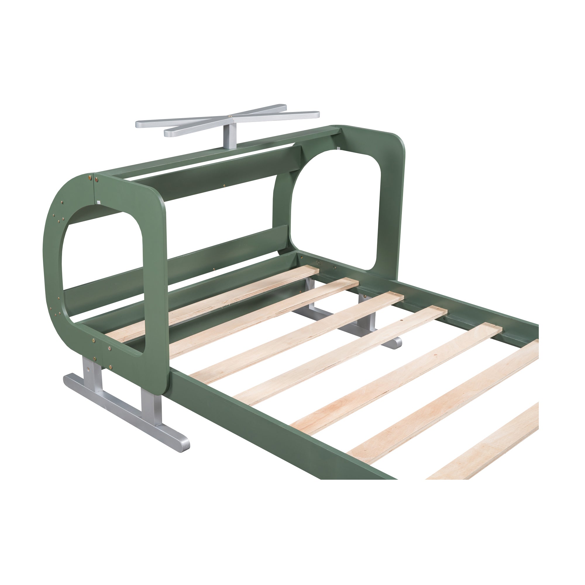 Twin Size Plane Shaped Platform Bed with Rotatable Propeller and Shelves, Green