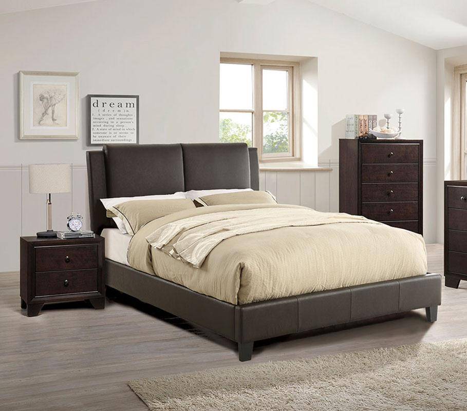 California King Size Bed 1pc Bed Set Brown Faux Leather Upholstered Two-Panel Bed Frame Headboard Bedroom Furniture