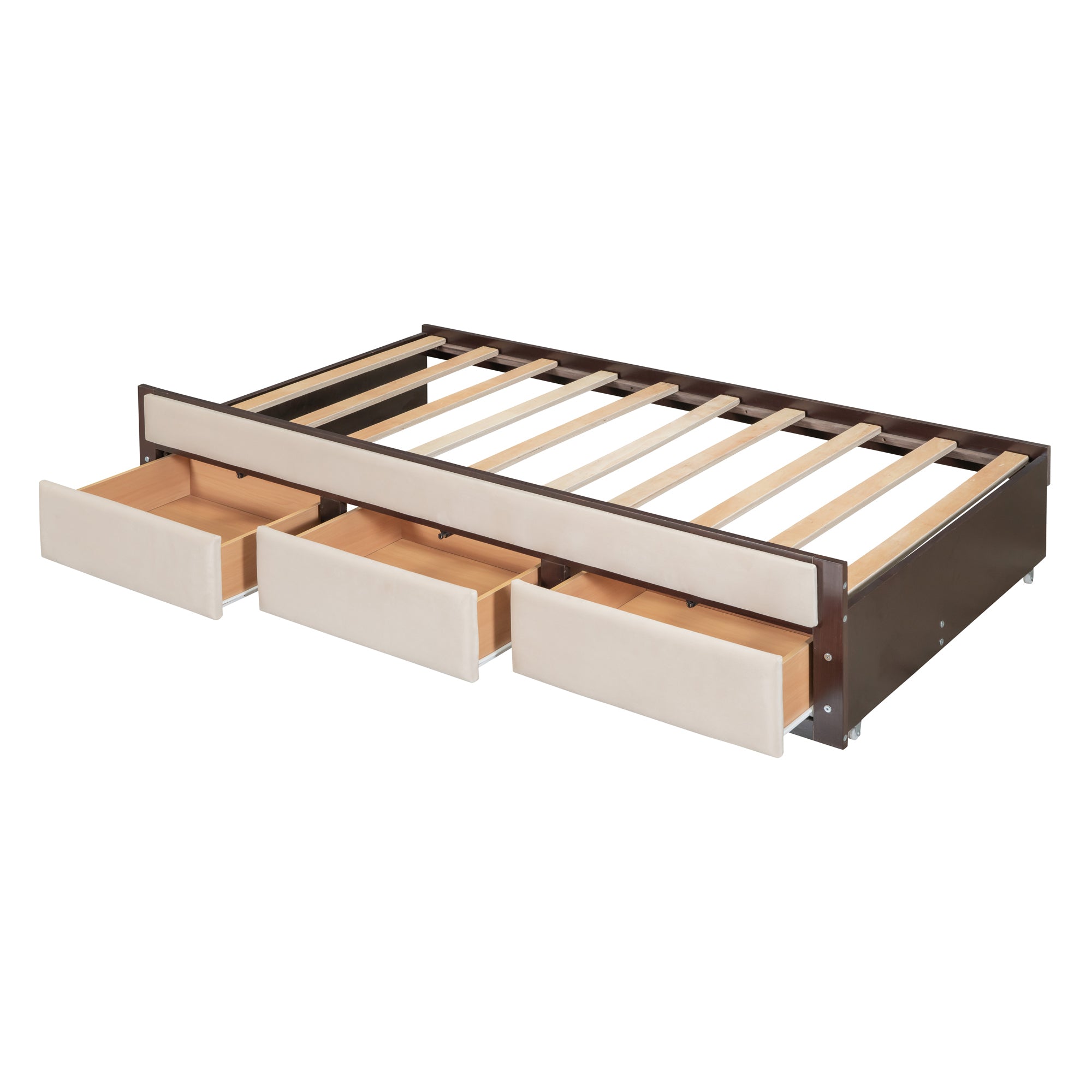 Full Size Upholstered Canopy Bed with Trundle and 3 Drawers, Beige