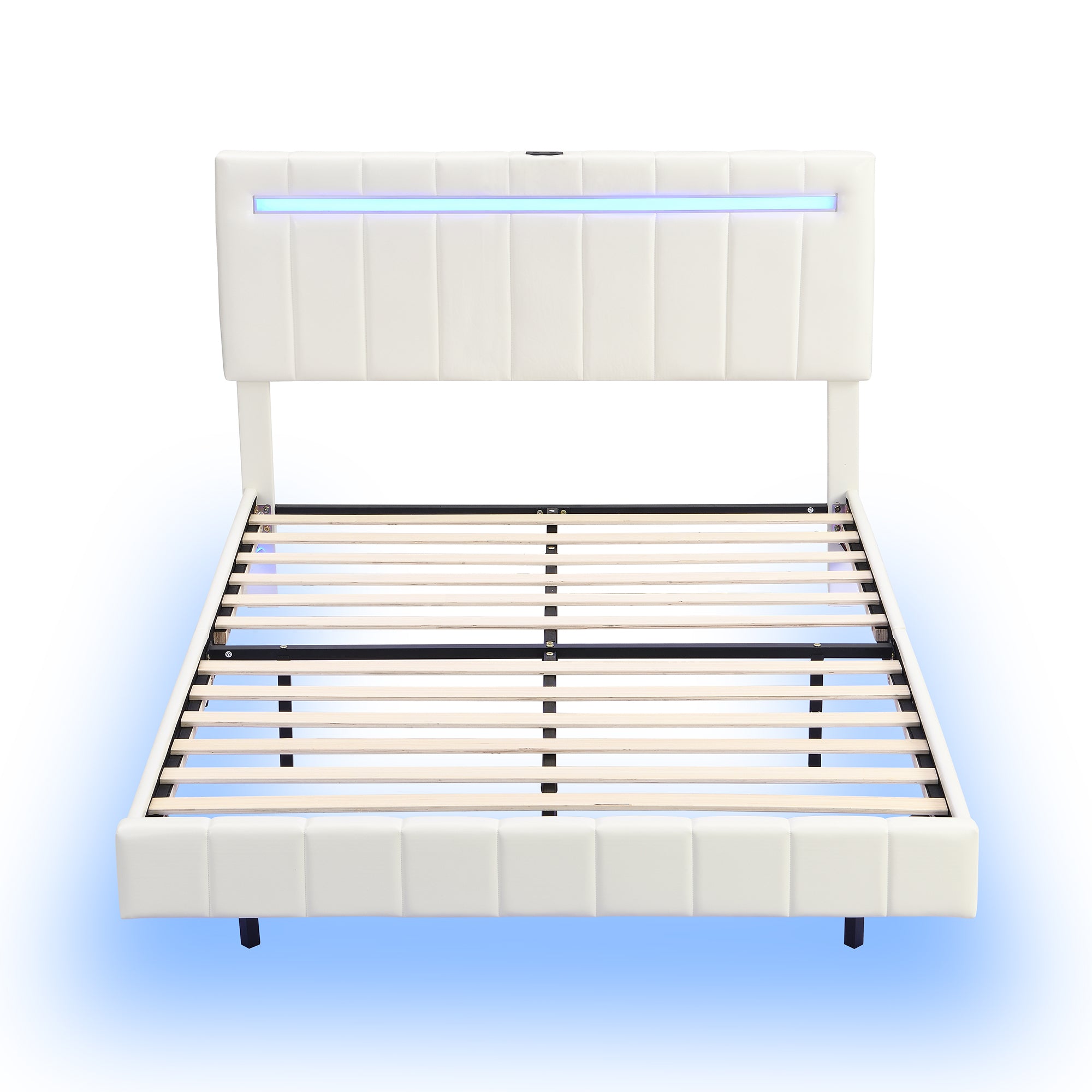 Full Size Floating Bed Frame with LED Lights and USB Charging,Modern Upholstered Platform LED Bed Frame,White(Full)