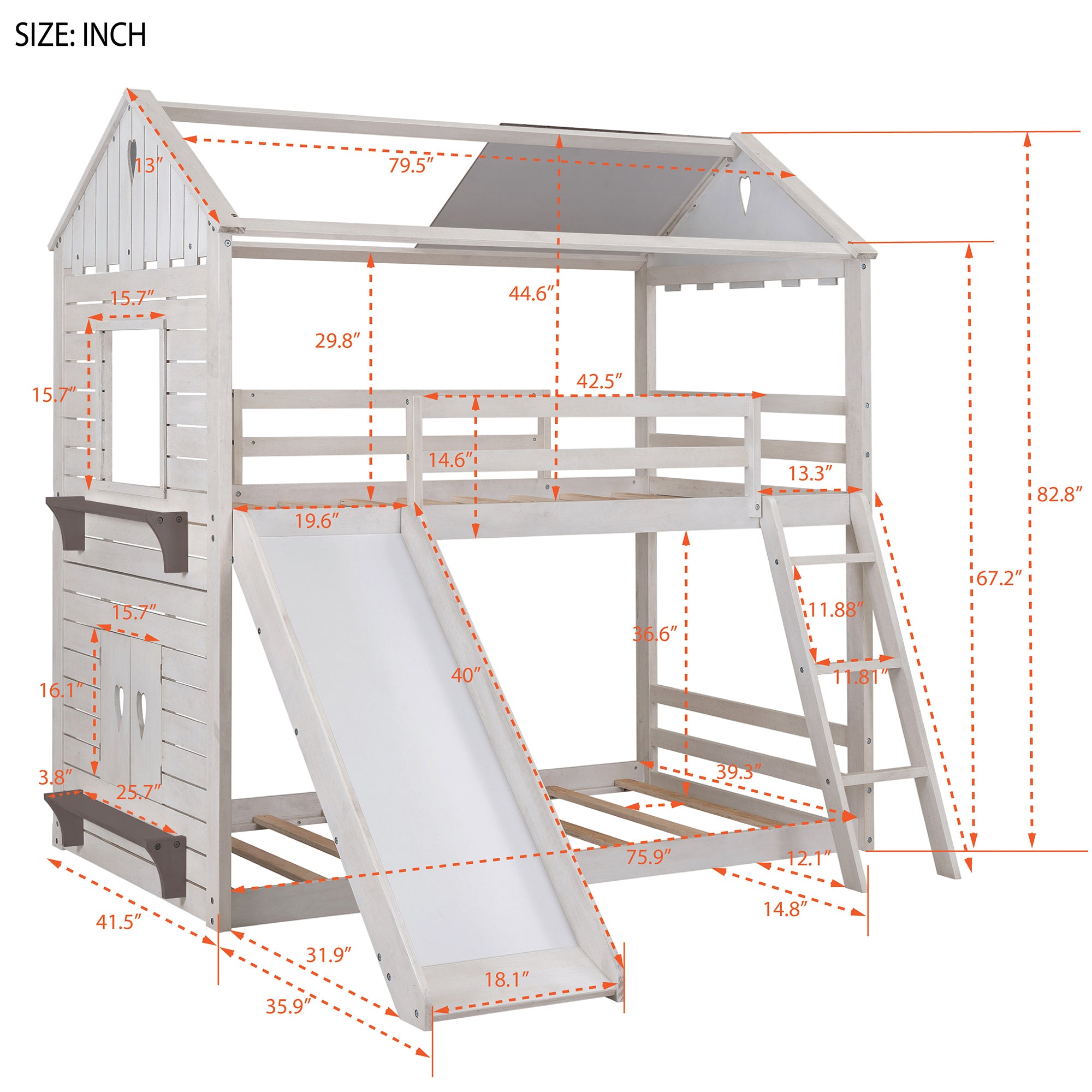 Twin Over Twin Bunk Bed Wood Bed with Roof, Window, Slide, Ladder ,Antique White(OLD SKU:LP000059AAK)