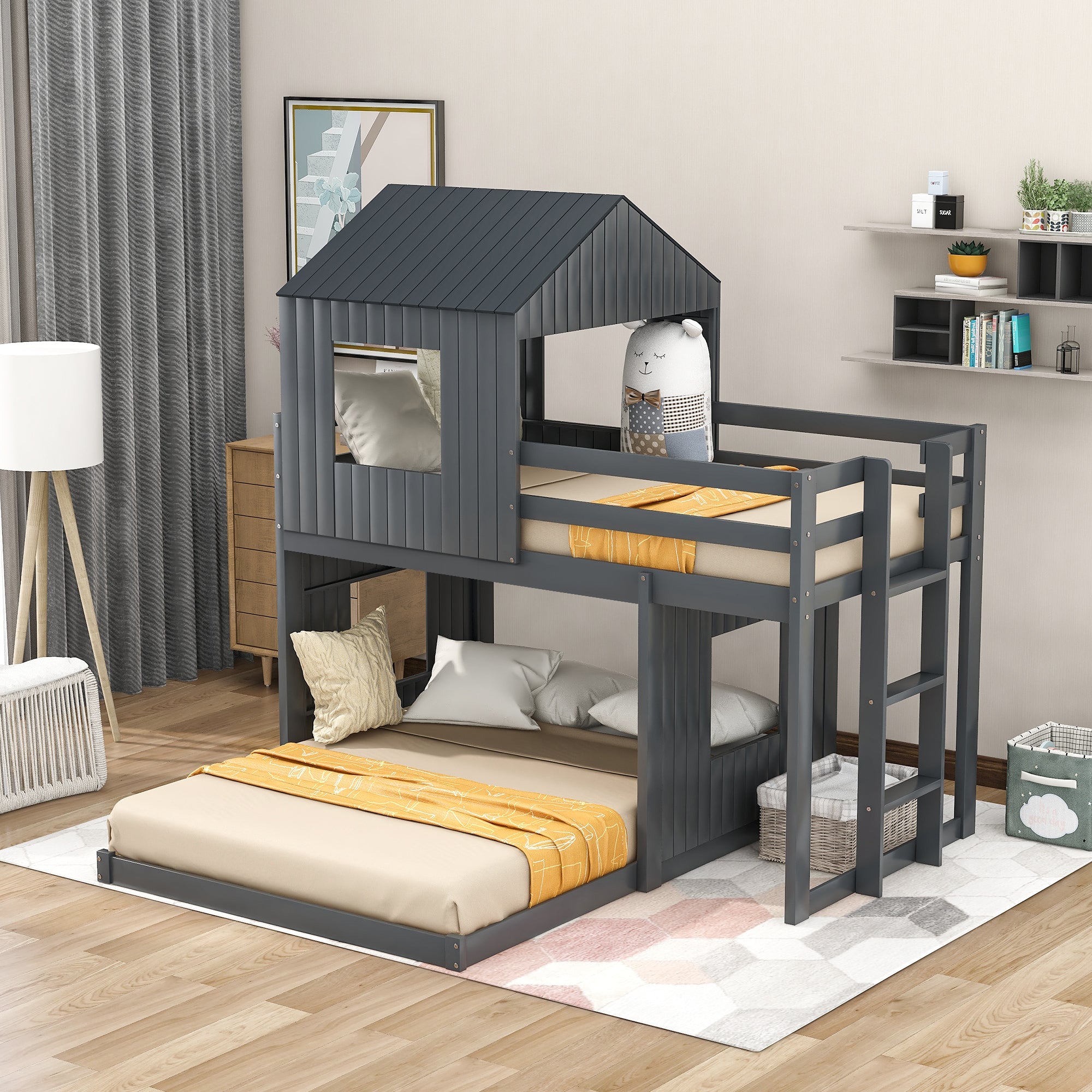 Wooden Twin Over Full Bunk Bed, Loft Bed with Playhouse, Farmhouse, Ladder and Guardrails , Gray( old sku: LT000027AAN )
