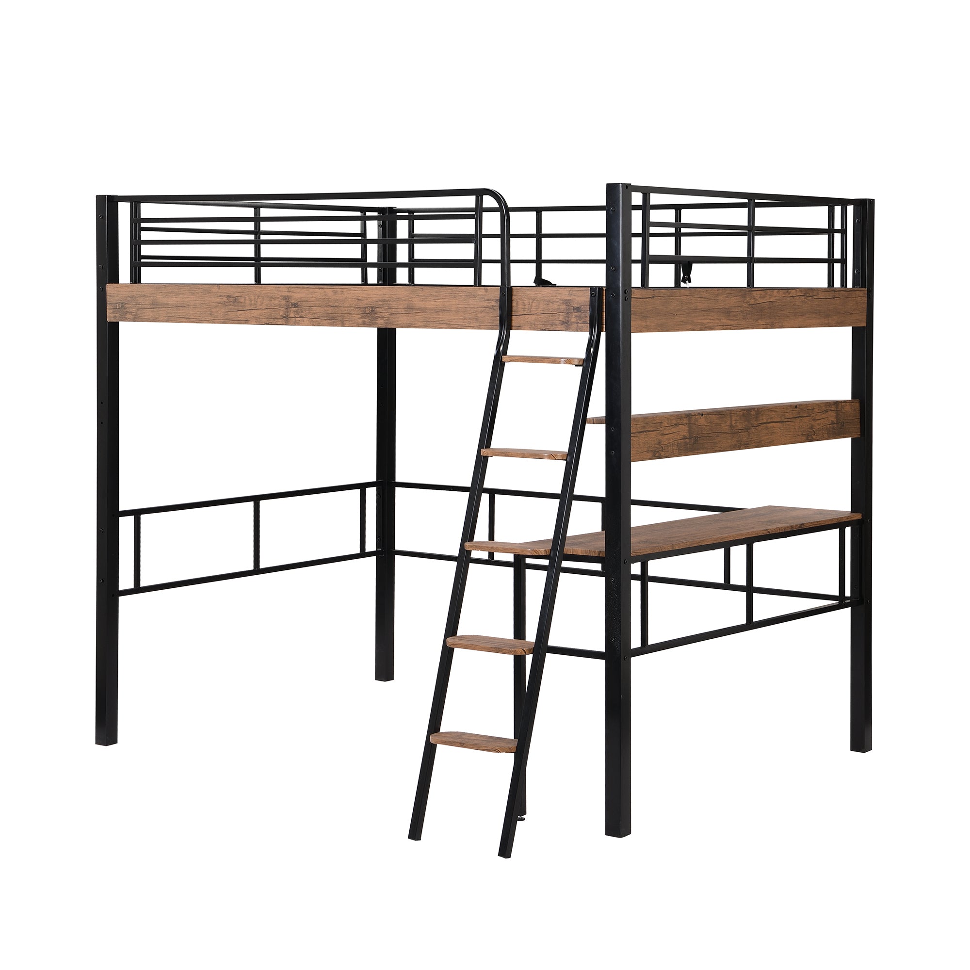 Metal Full Size Loft Bed with Built-in Desk, Storage Shelf and Ladder, Black