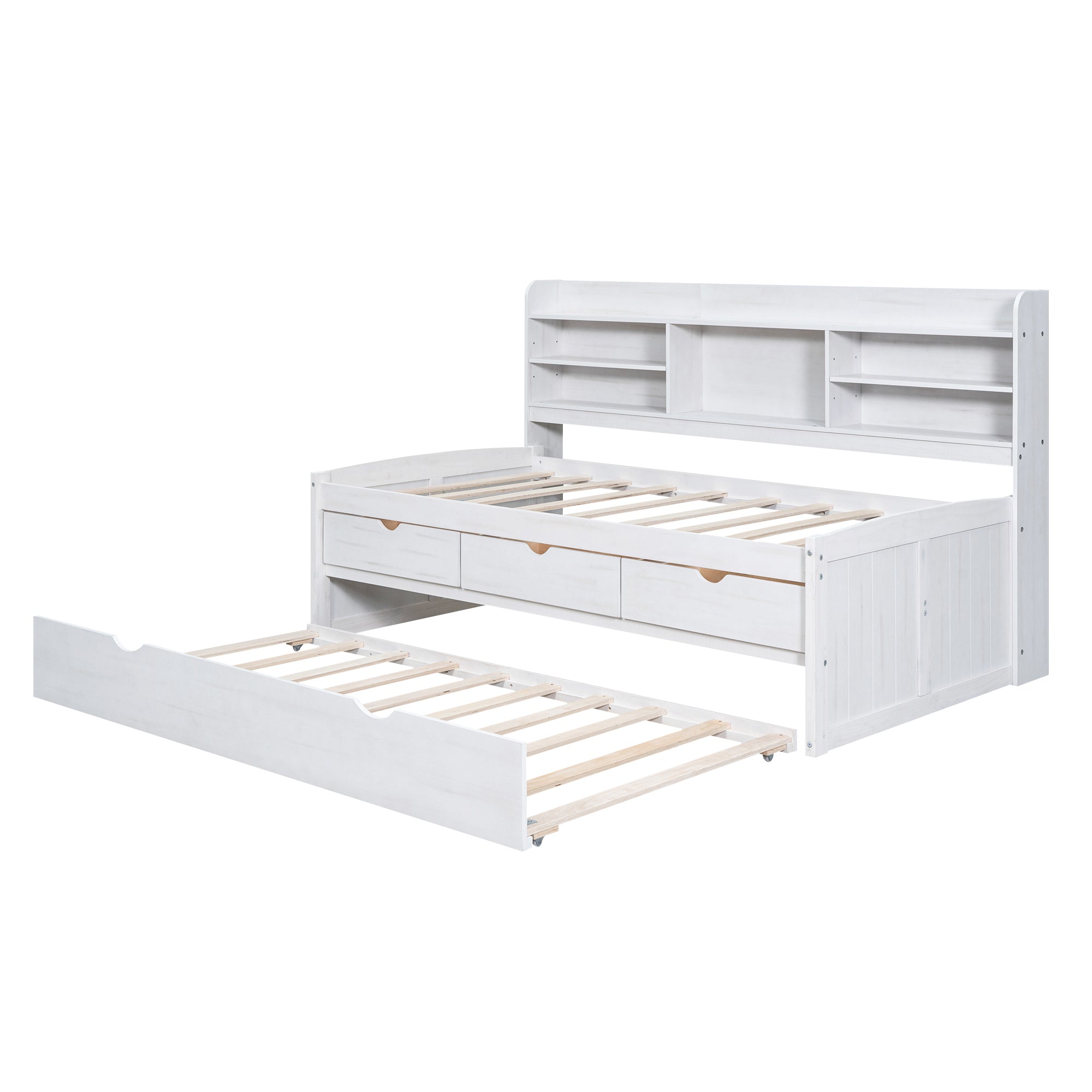 Twin Size Wooden Captain Bed with Built-in Bookshelves,Three Storage Drawers and Trundle, White Wash(Expected Arrivial Time: 11.17)