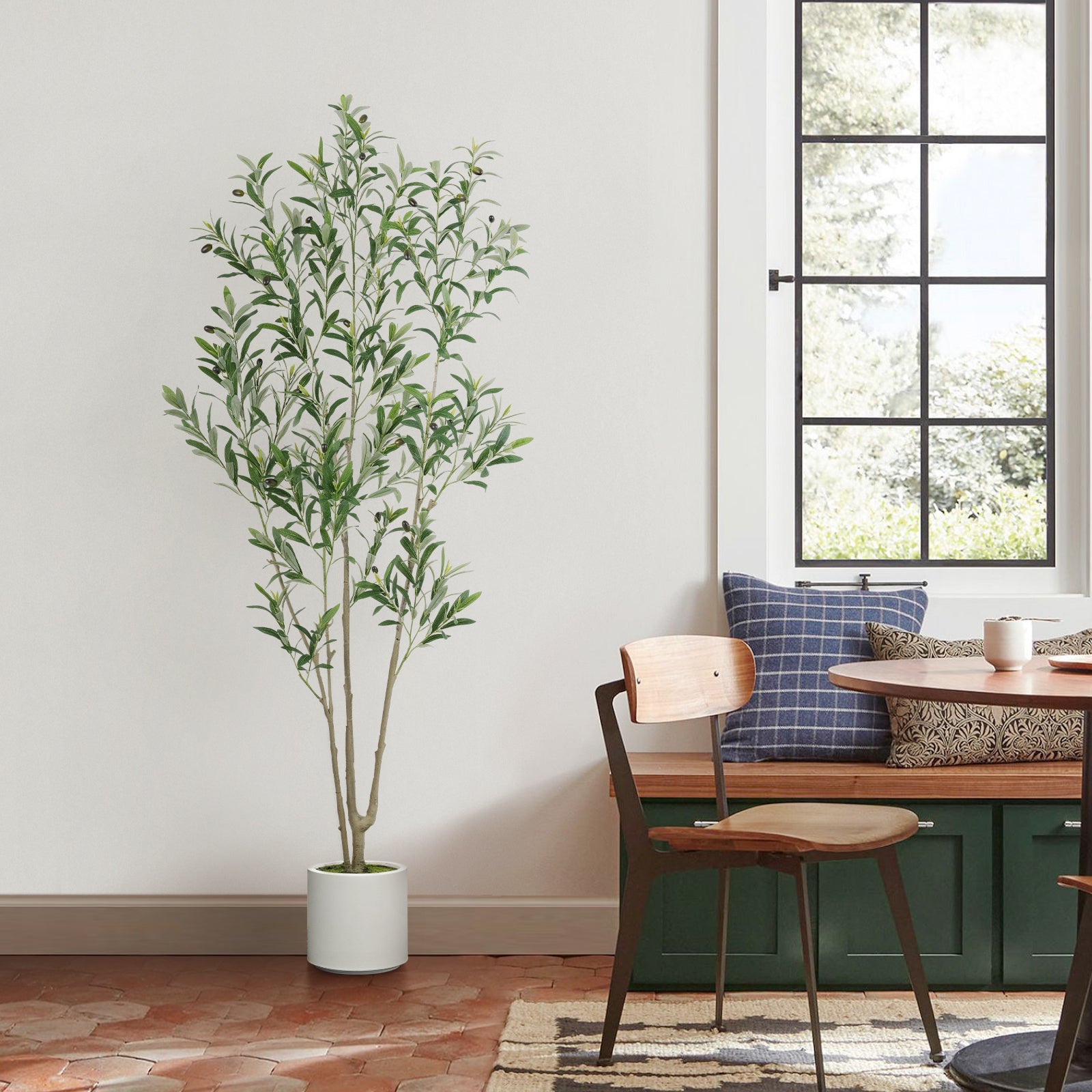 Artificial Olive Tree 6ft, Faux Olive Tree with White Planter and Fake Moss
