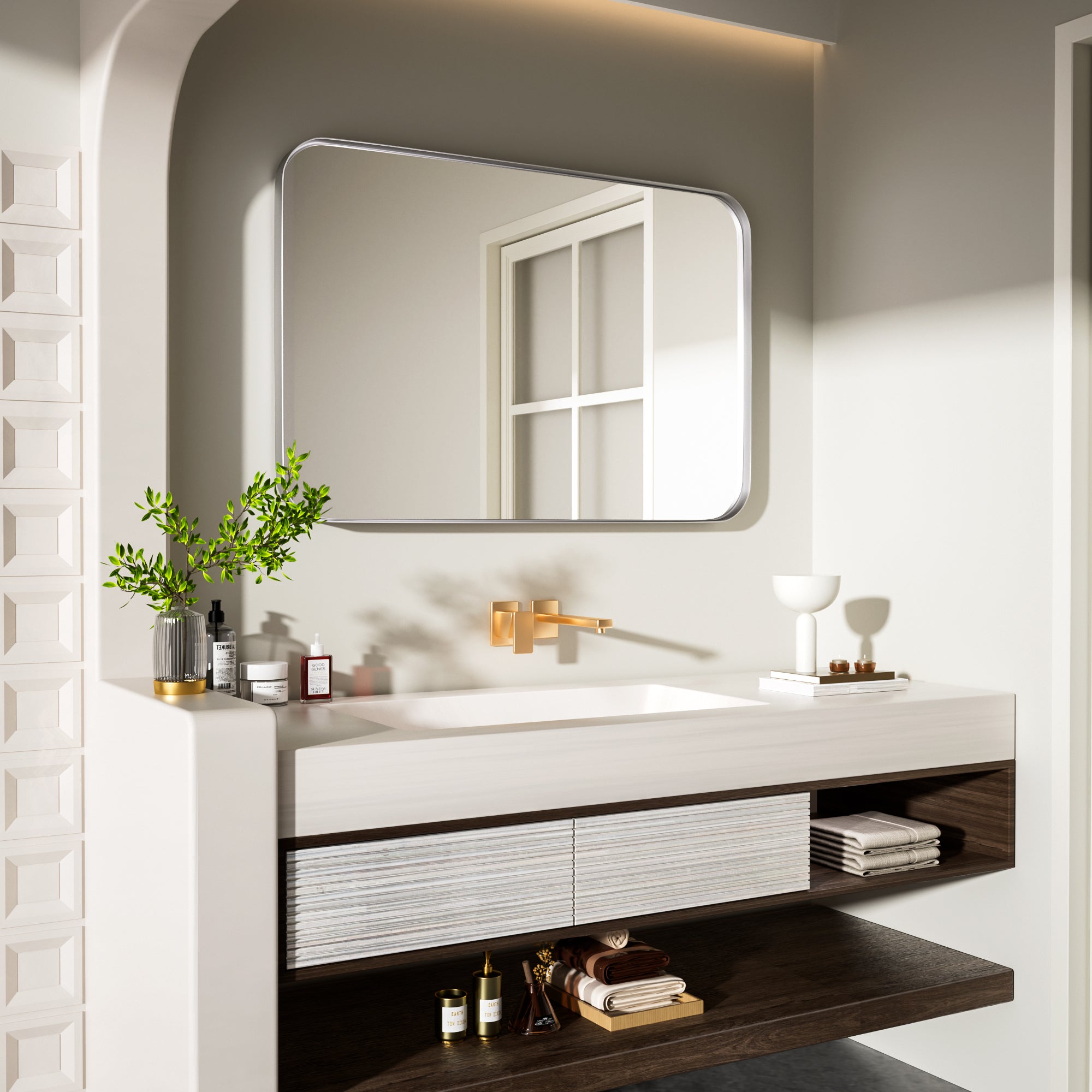 24 in. W x 36 in. H Tempered Glass Rectangular Framed Wall-Mounted Bathroom Vanity Mirror in Silver