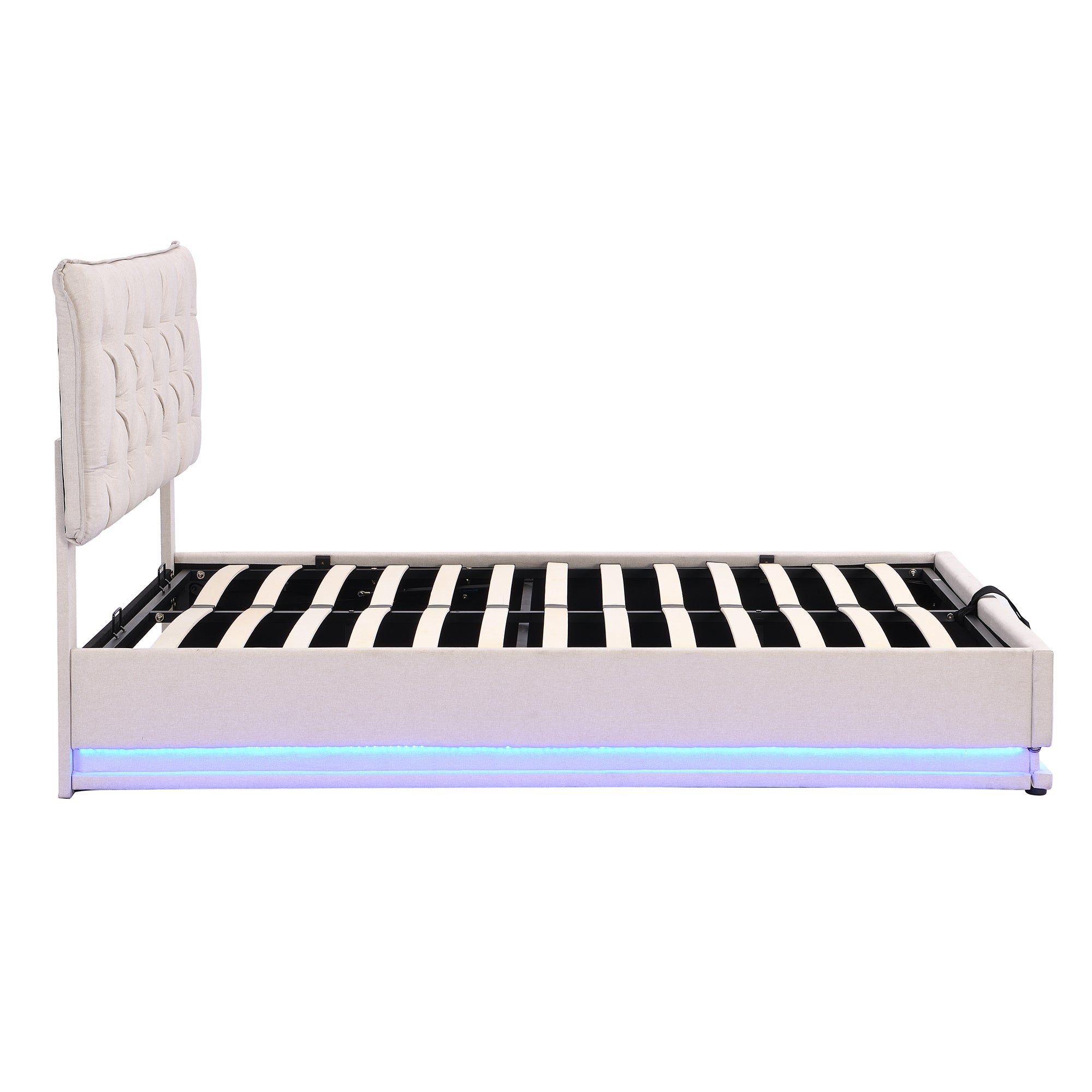 Queen Size Upholstered Bed with Hydraulic Storage System and LED Light, Modern Platform Bed with Button-tufted Design Headboard, Beige