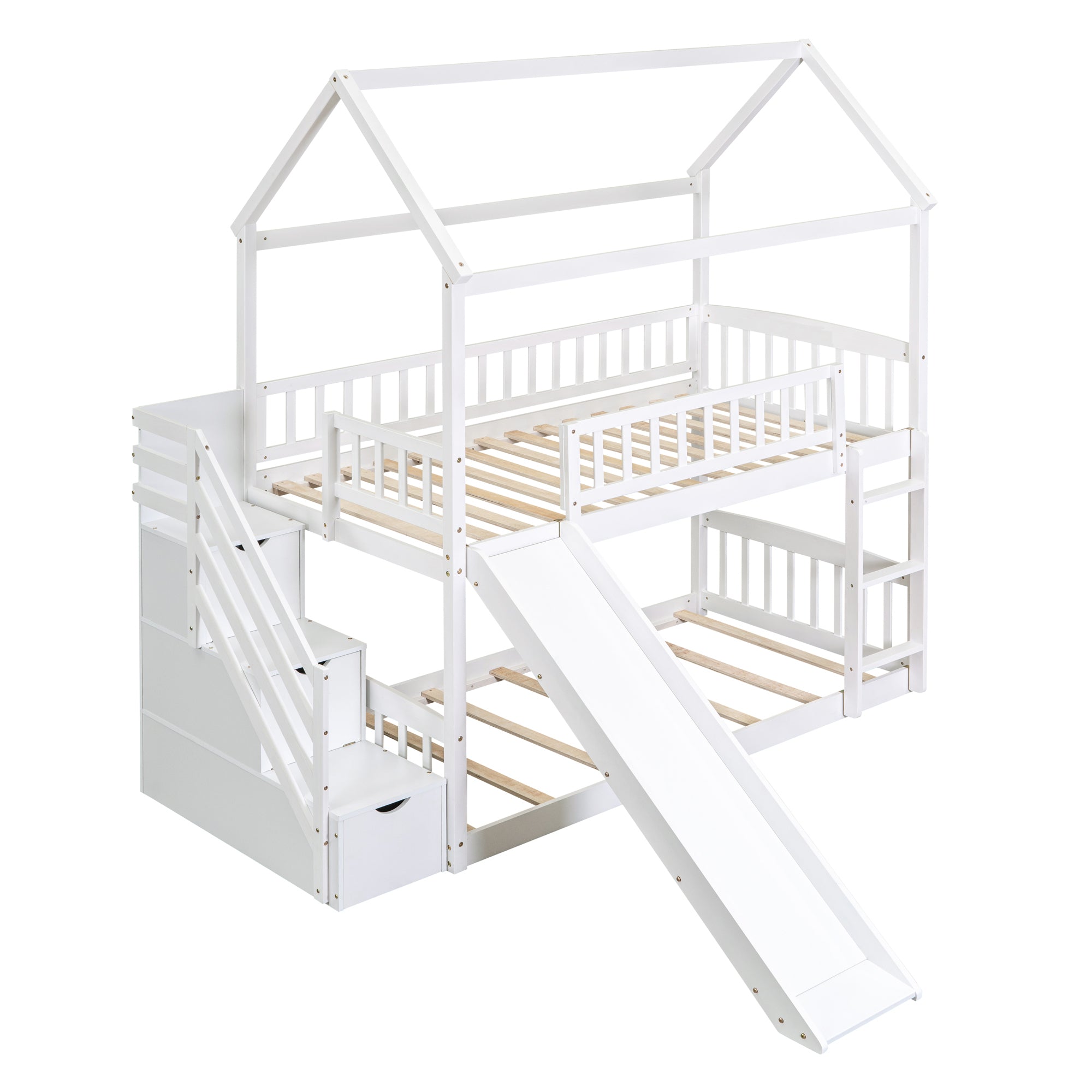 Twin Over Twin Bunk Bed with Drawers and Slide, House Bed with Slide,White(OLD SKU :LT000215AAK)