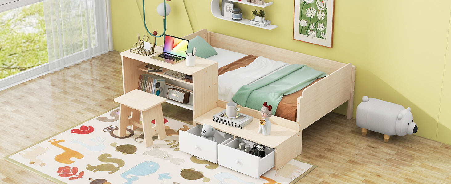 Wood Twin Size Platform Bed with 2 Drawers and 1 Chair&Desk Set, Natural+White(Expected Arrival Time: 11.22)