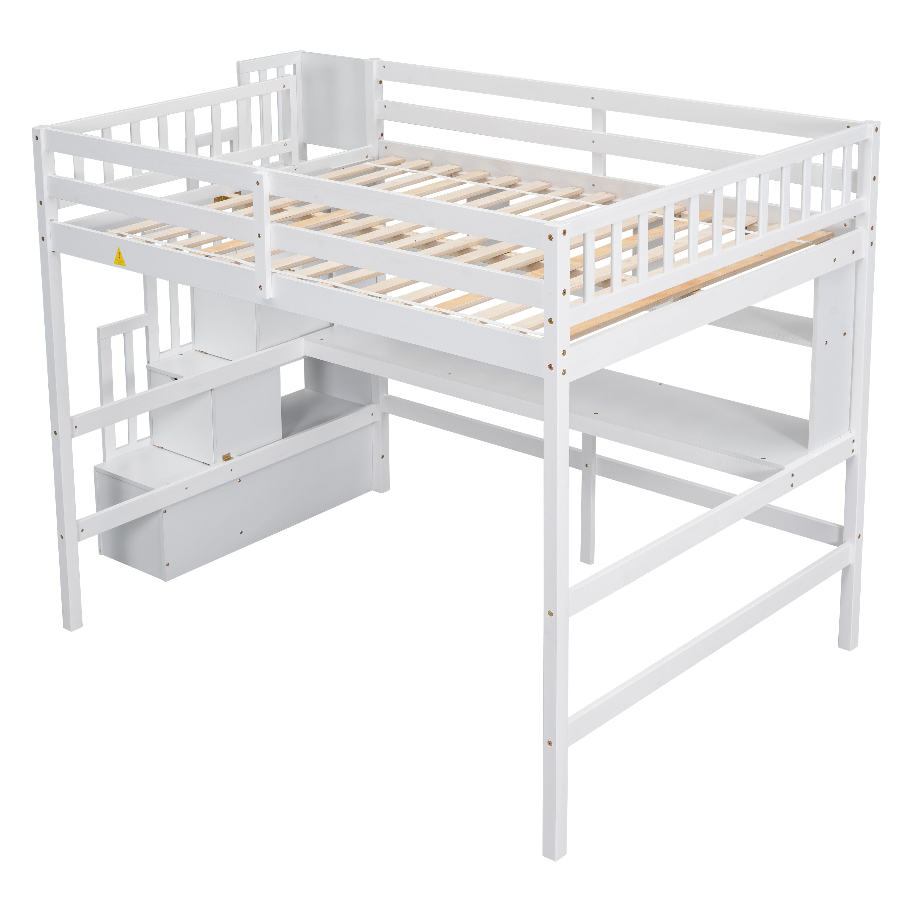 Full Size Loft Bed with Built-in Desk, Bookshelves and Storage Staircase,White