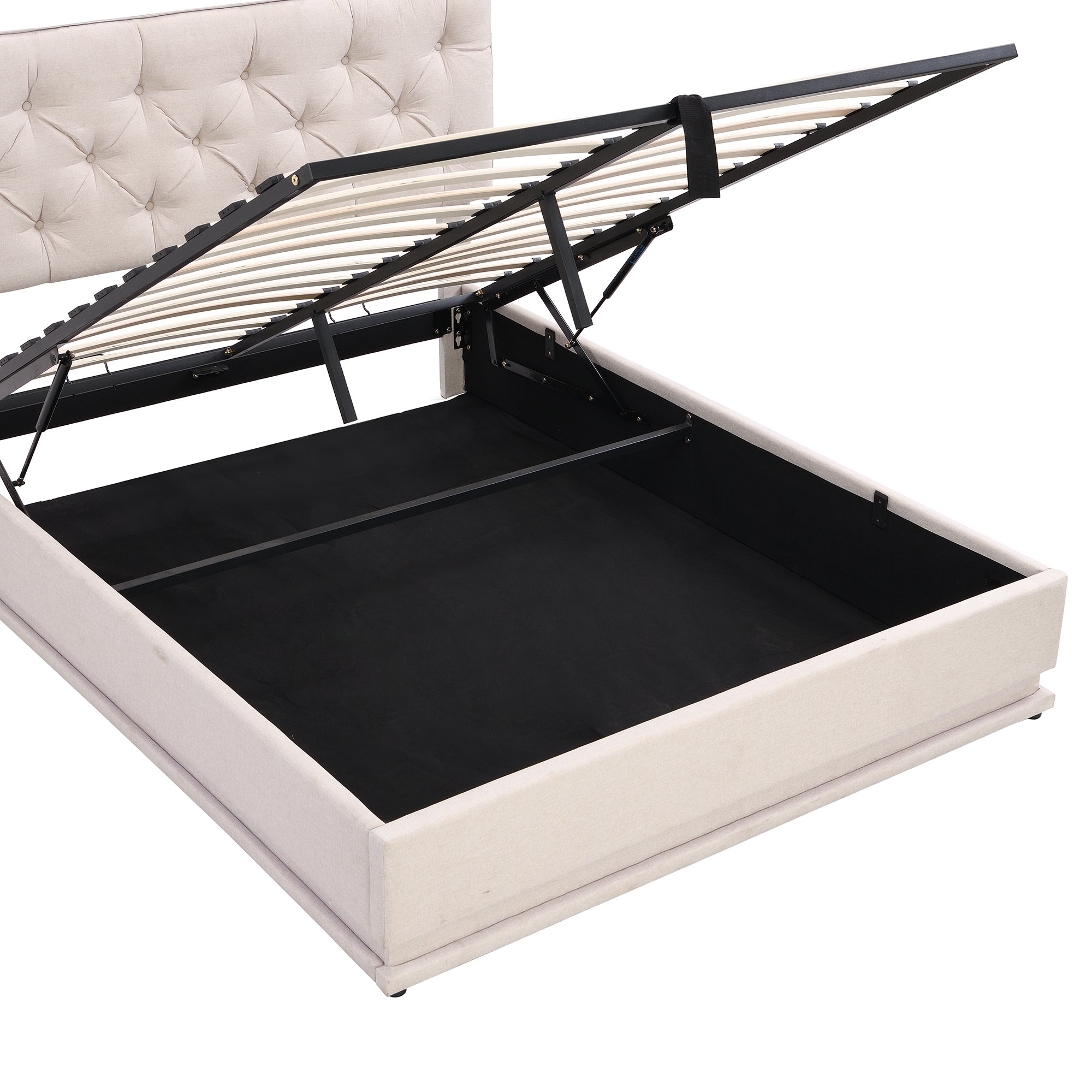 Queen Size Upholstered Bed with Hydraulic Storage System and LED Light, Modern Platform Bed with Button-tufted Design Headboard, Beige