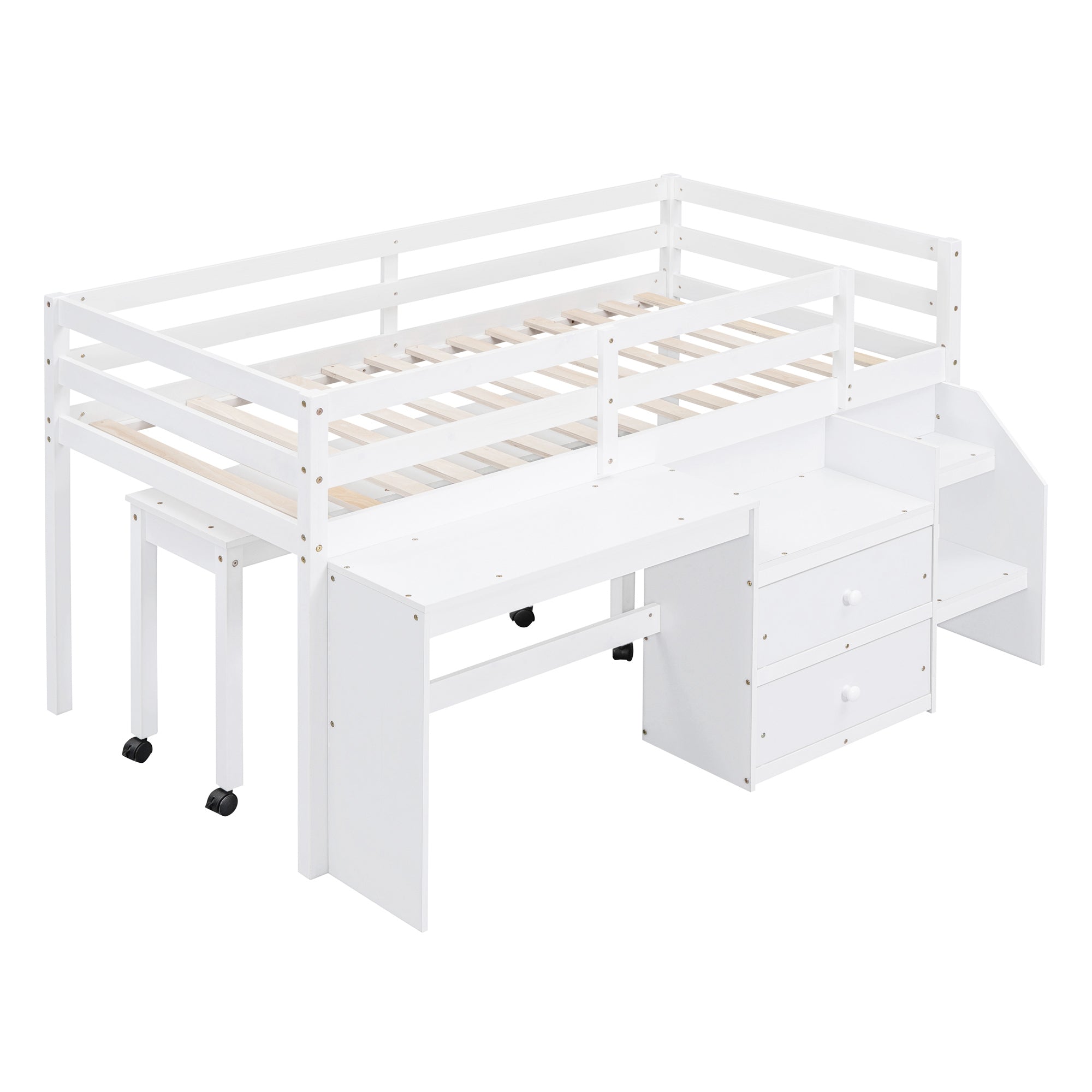 Twin Size Loft Bed with Desk and Drawers, Wooden Loft Bed with Lateral Portable Desk, White