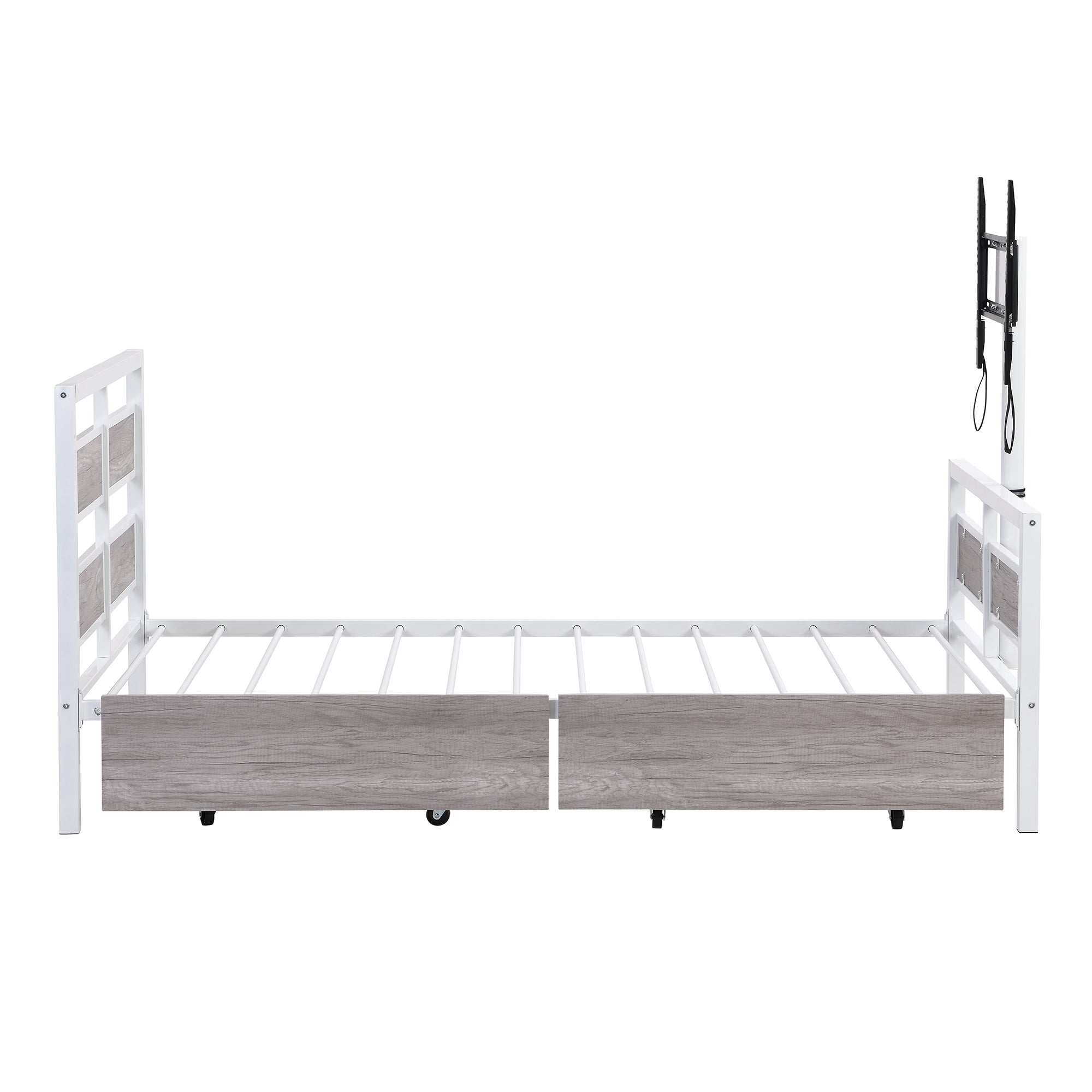 Twin Size Metal Platform Bed with MDF Headboard and Footboard,Two Storage Drawers and Rotatable TV Stand,White