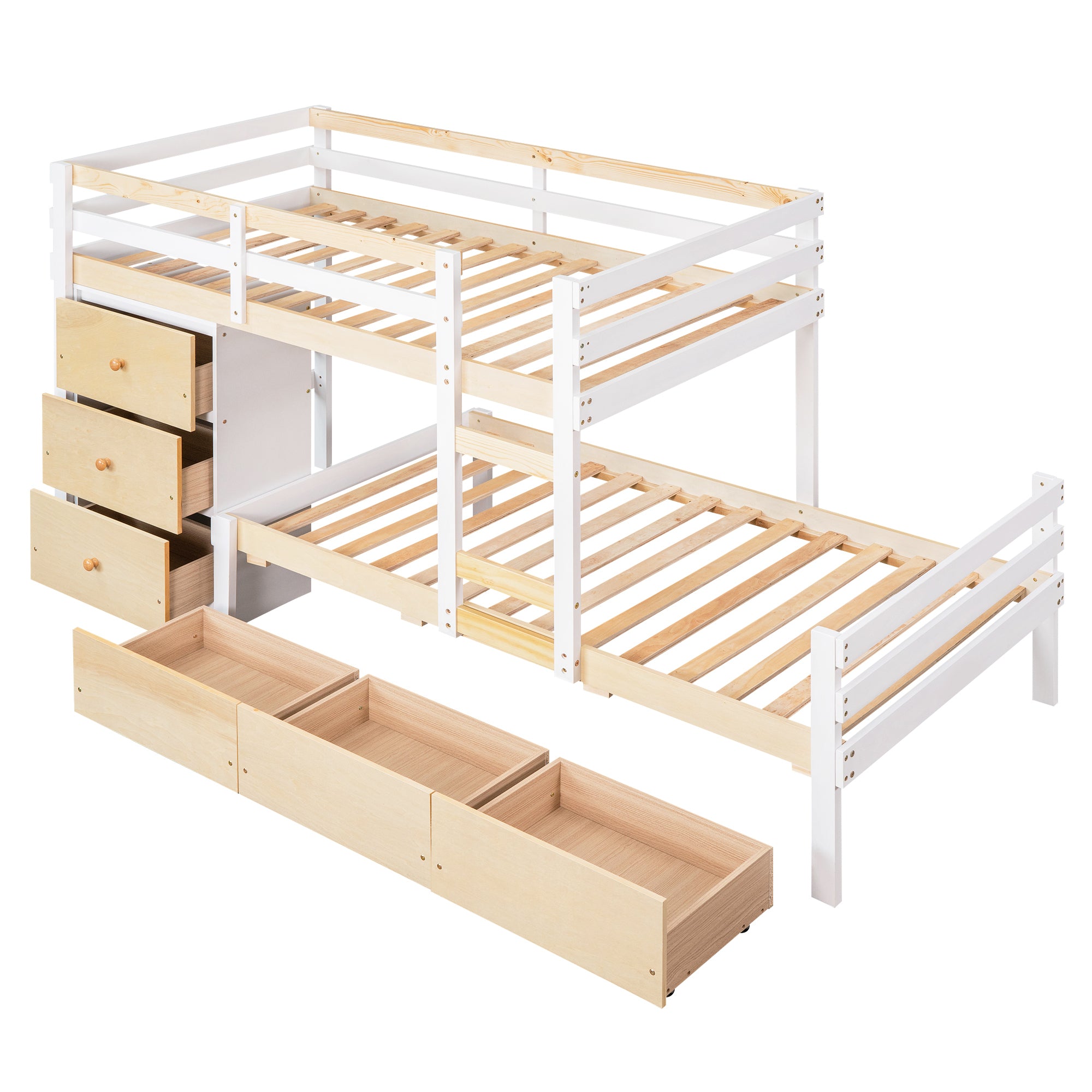 Twin over Twin Loft Bunk Bed with Drawers and Ladder, Natural