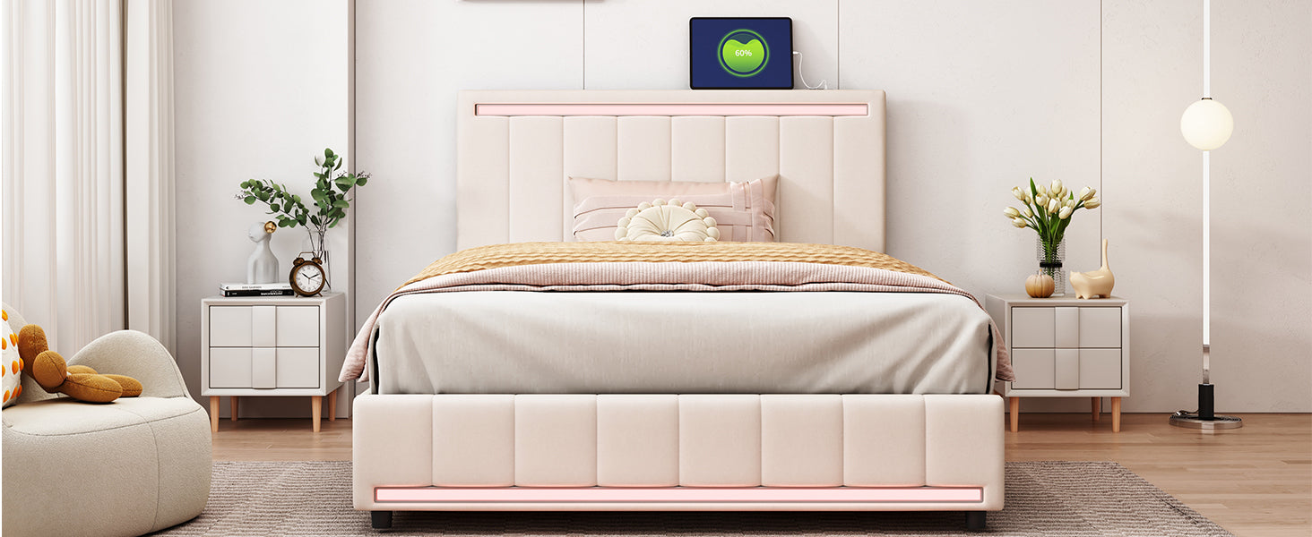 Full Size Upholstered Bed with LED Light and 4 Drawers, Modern Platform Bed with a set of Sockets and USB Ports, Linen Fabric, Beige