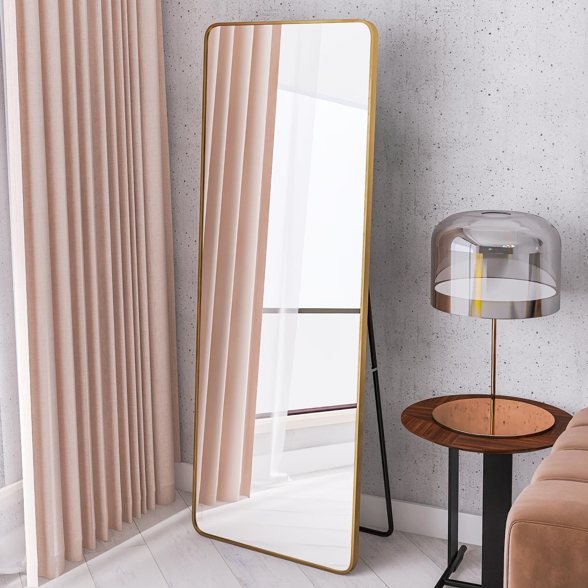 square rounded corners Full Length Mirror Floor Mirror Hanging Standing or Leaning, Bedroom Mirror Wall-Mounted Mirror Dressing Mirror with Gold Aluminum Alloy Frame,65" x 22"